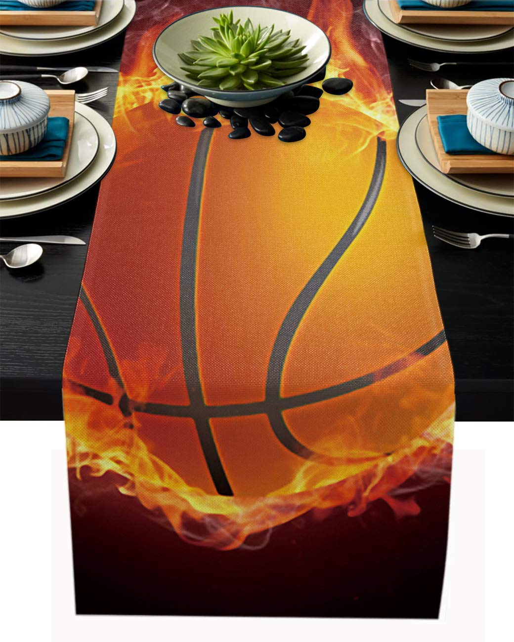 LooPoP 90 Inch Cotton Linen Basketball Fire Table Runner - Farmhouse Dining Table Decor for Wedding, Holiday & Everyday Use - Yellow Dresser Scarf Perfect for End Tables, Buffets and Kitchen Islands