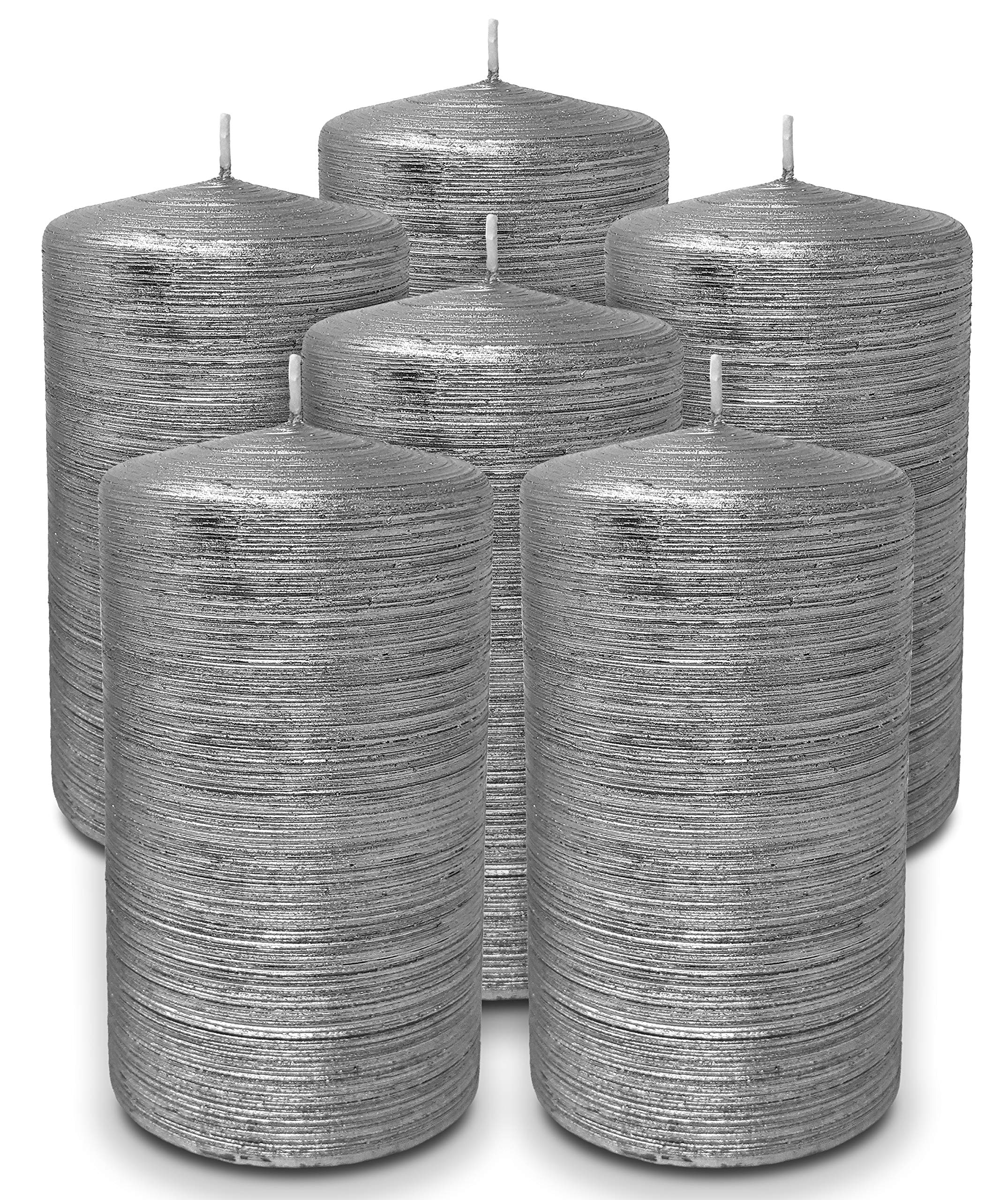 Hyoola Brushed Metallic Pillar Candles 6 Pack - Titan Silver Decorative Candles (2.75