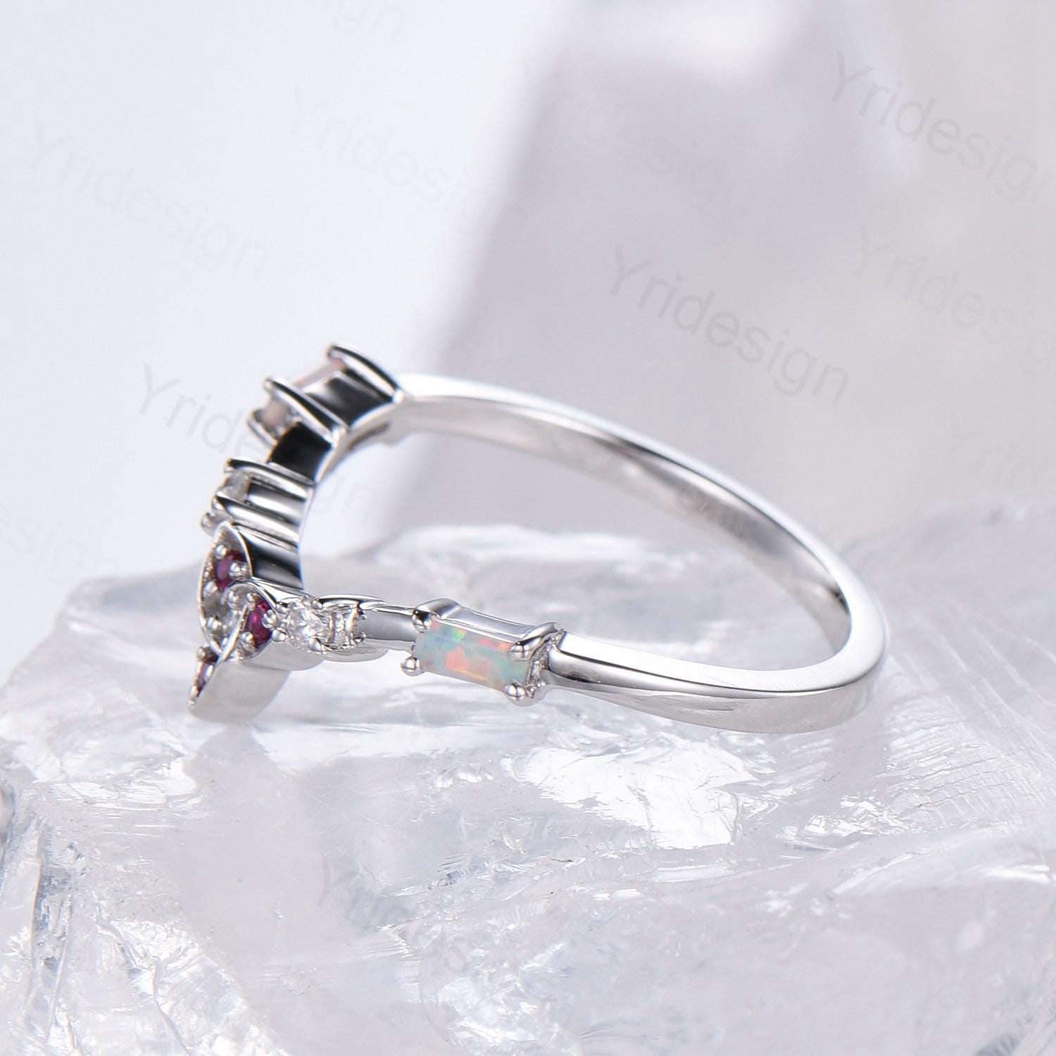 Viking Opal Ruby Wedding Band for Women - Rose Gold Baguette Opal Ring, Curved Stackable Matching Band - Perfect Promise, Anniversary Gift for Her - Ideal for Weddings, Engagements & Special Occasions