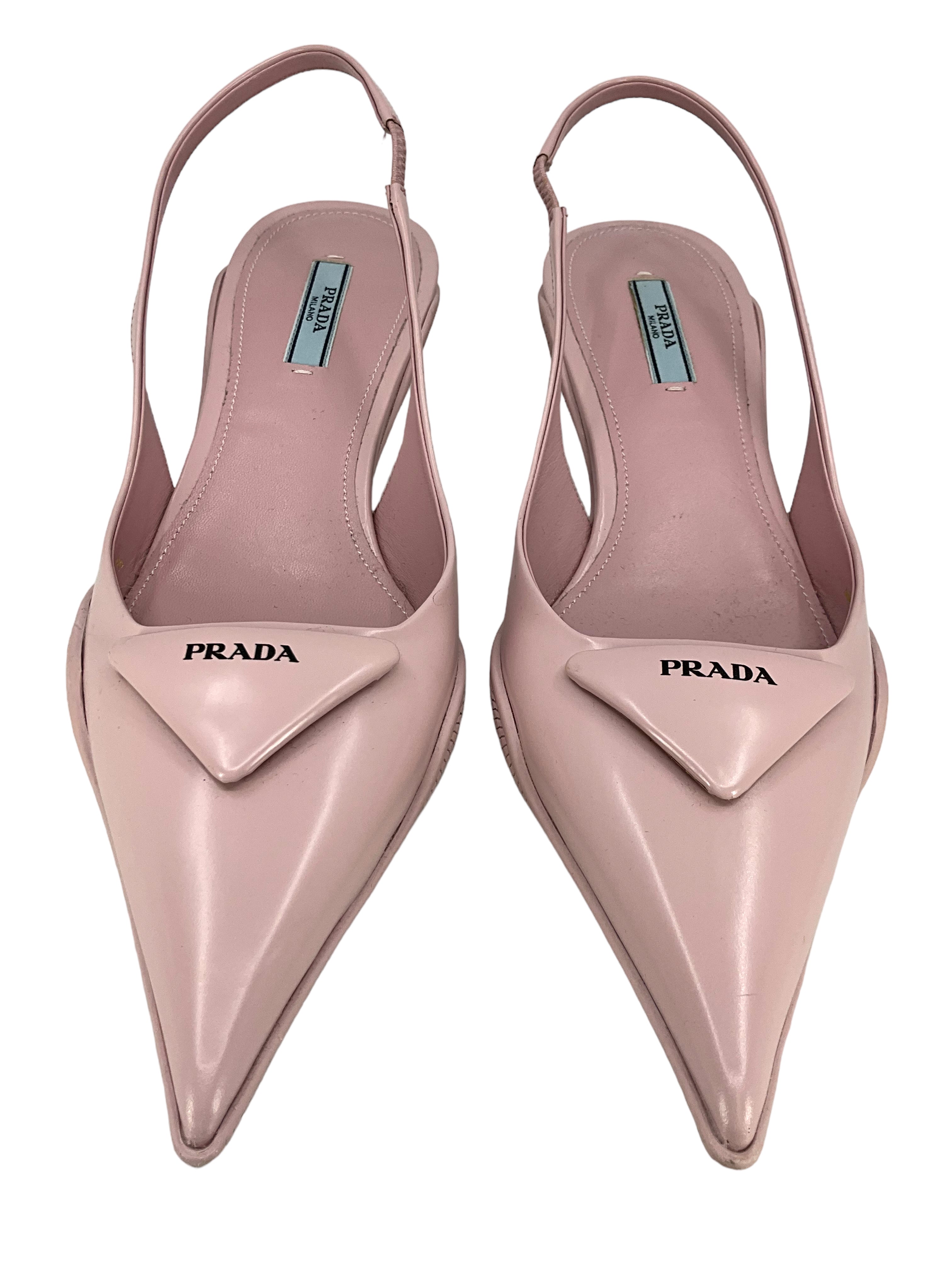 PRADA Spazzolato Leather Triangle Logo Pointed Toe Slingback Pumps Women's Size 8.5 - Elegant High Heels for Office, Party & Special Occasions