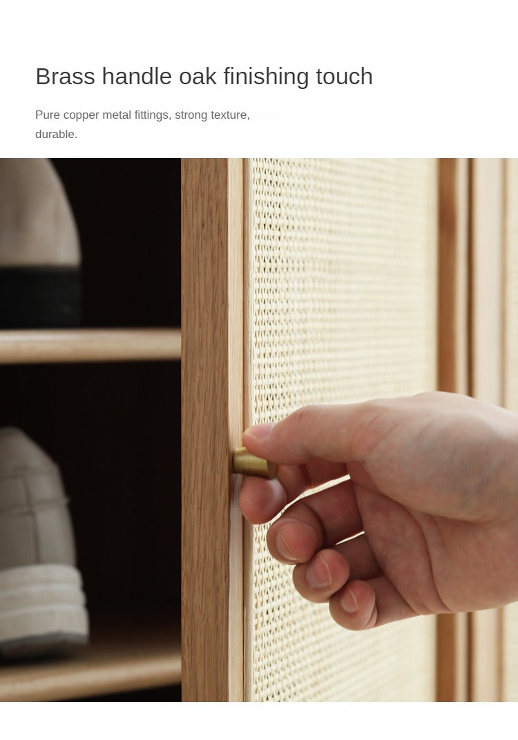 Solid Oak Wood Shoe Storage Cabinet with Rattan Doors - Organize Shoes Neatly in Entryway, Bedroom or Closet