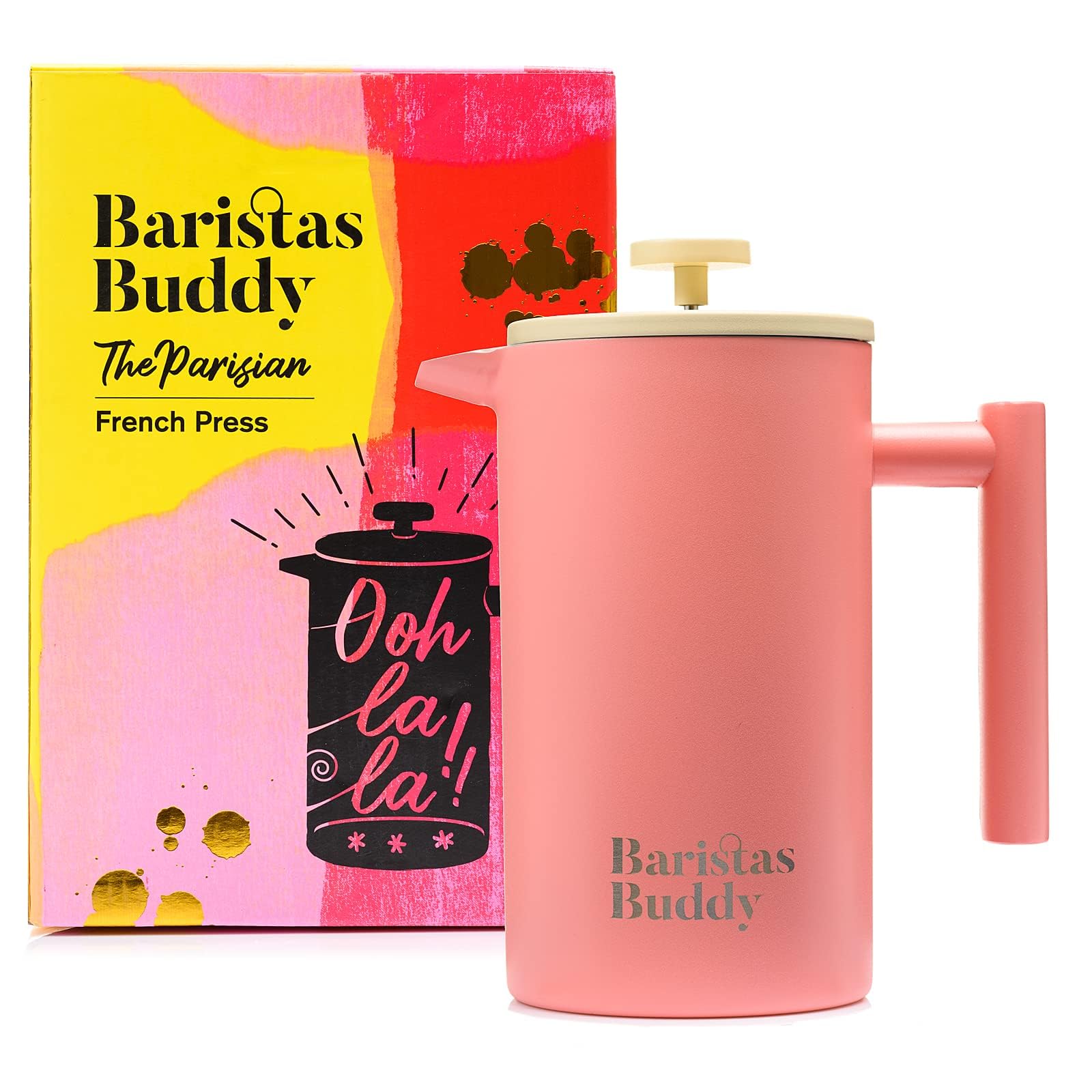 Stylish Pink French Press Coffee Maker - Retro Insulated Glass Carafe - 34oz (4 Cups) for Home, Office & Camping - Perfect for Coffee & Tea Lovers