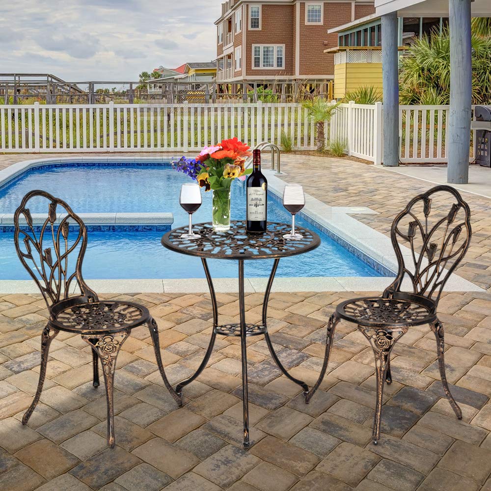 Vintage Wrought Iron Patio Furniture Set - 3-Piece Retro Tulip Design Copper Table & Chairs, Weather & Rust Resistant Outdoor Dining Set for Garden, Balcony, Backyard