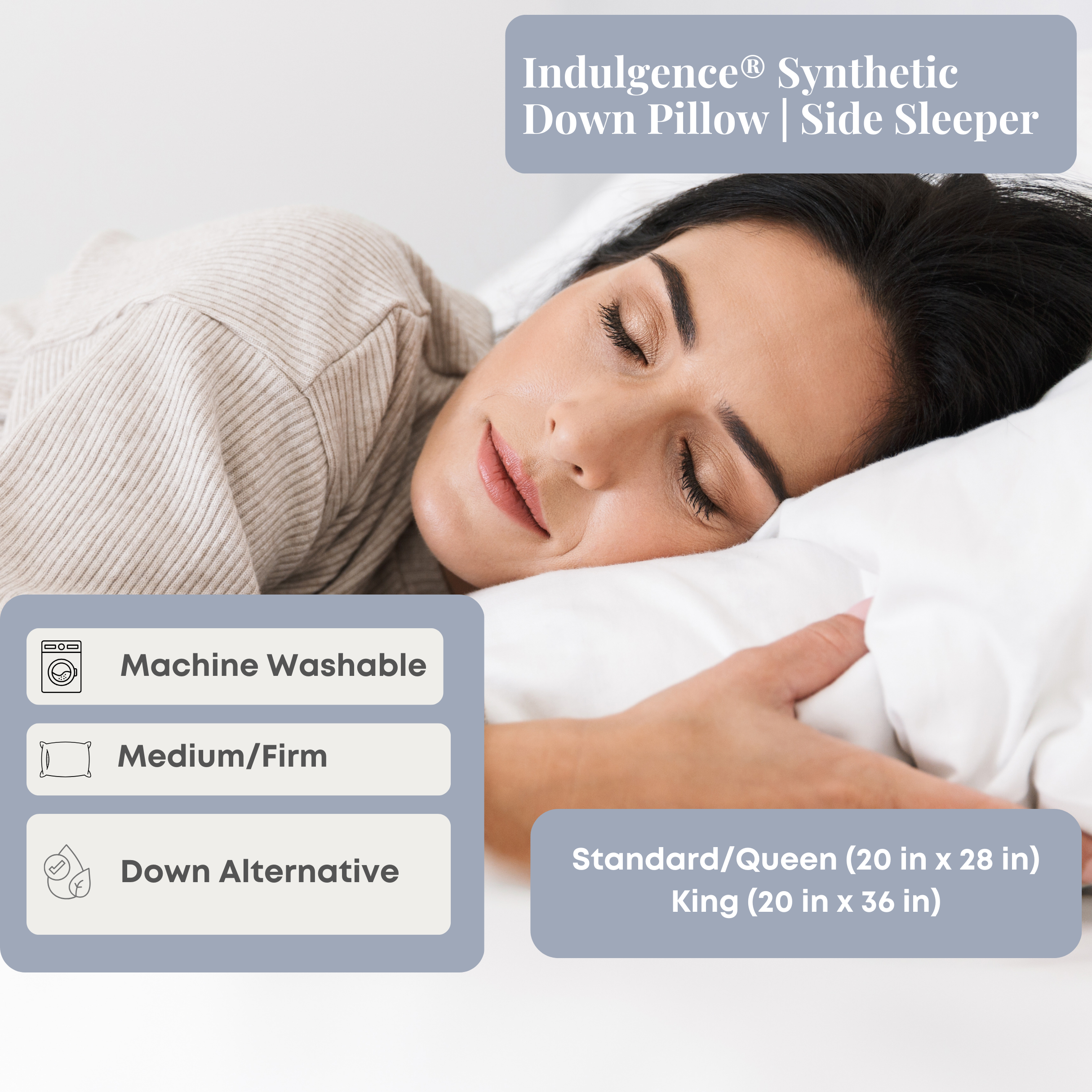 Indulgence® Synthetic Down Pillow for Side Sleepers - Hypoallergenic & Supportive Comfort - Perfect for Back Pain Relief & Neck Support - Bedroom, Guest Room, Travel