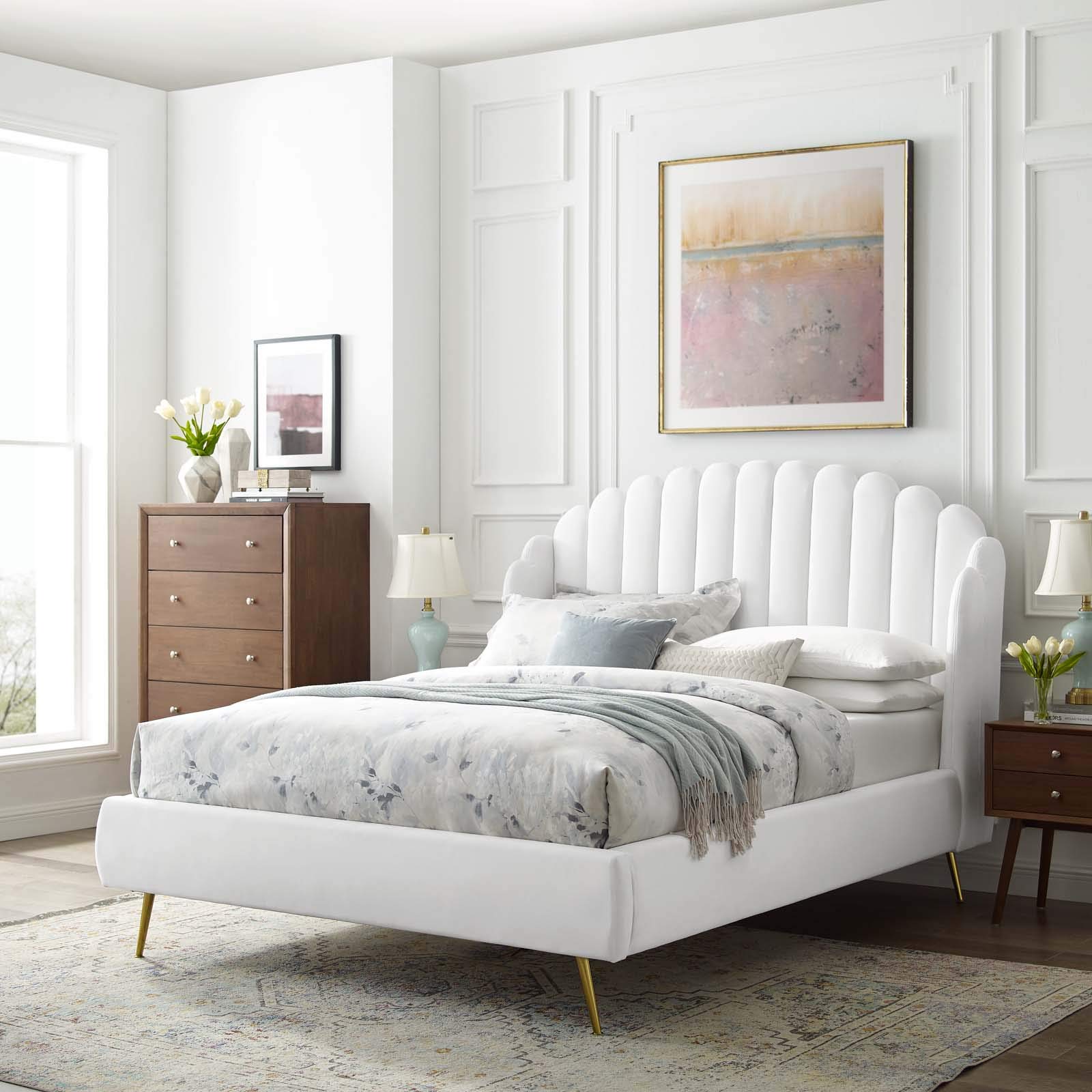 Modway Lana Queen Performance Velvet Wingback Platform Bed Frame - White Upholstered Luxury Bed for Master Bedroom | Modern Bedroom Furniture for Home Decor & Relaxation