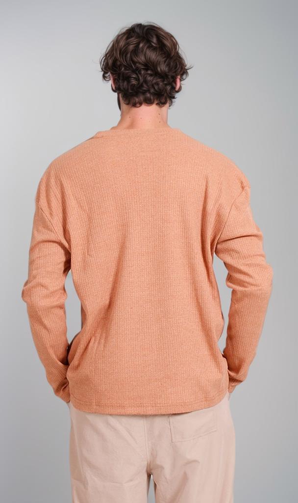 R206727 Ribbed Henley Long Sleeve Shirt for Men - Soft Peach Cotton Blend Top for Casual Wear & Layering