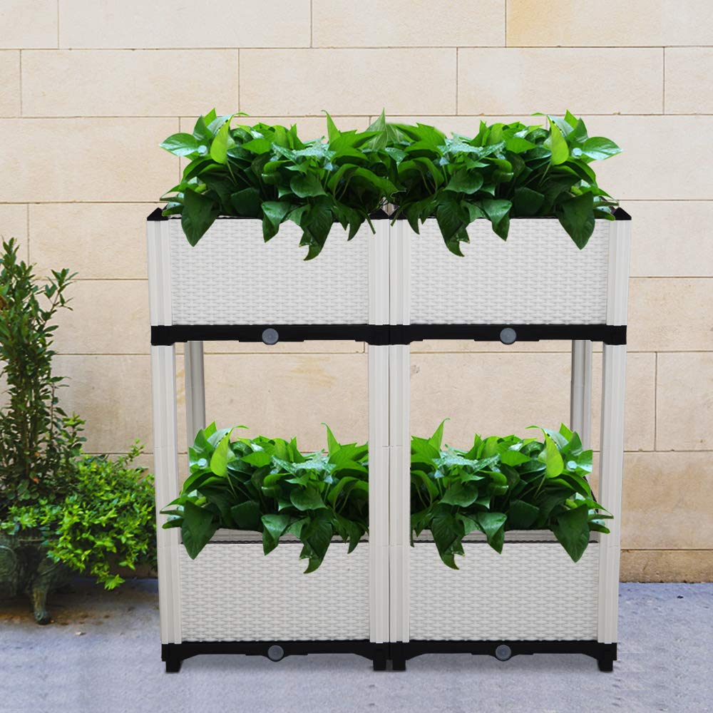 4Pcs White Free Splicing Injection Planting Box - Outdoor Garden Planter for Flowers, Vegetables & Fruits - Perfect for Balcony, Patio and Backyard Gardening