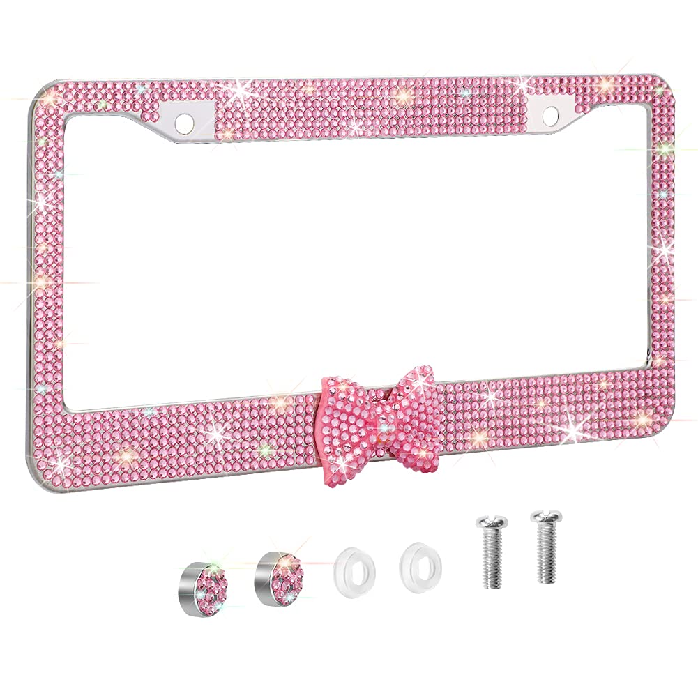 OTOSTAR Bling License Plate Frame with Rhinestones - Handcrafted Stainless Steel 2 Hole Holder with Anti-Theft Screws & Pink Ribbon Bow (Pink/Pink Bowtie) - Perfect for Car Accessories, Gift Ideas & Vehicle Customization