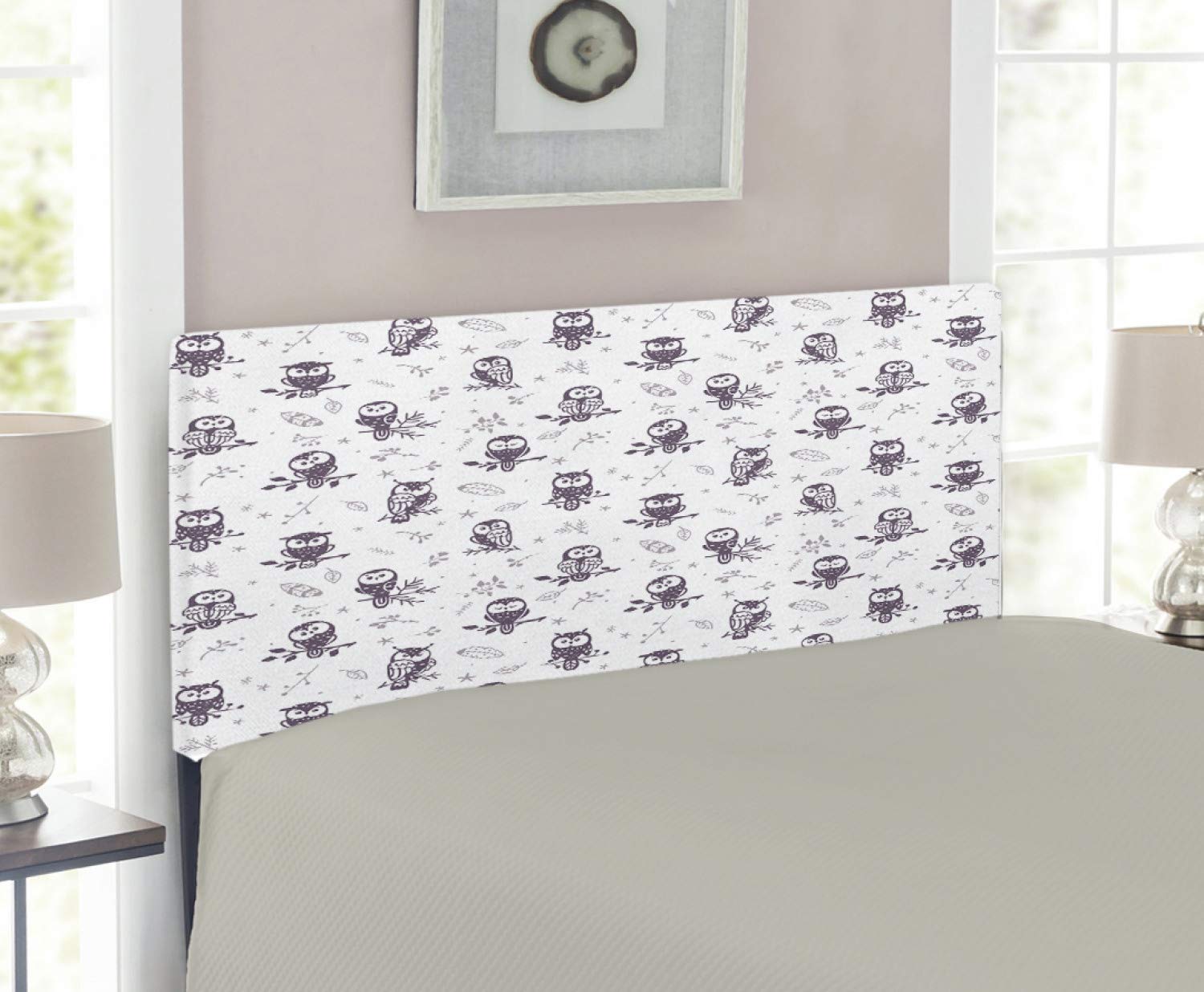Lunarable Cartoon Owl Headboard - Funny Silhouette Owl Characters on Tree Branches Nature Design, Upholstered Decorative Metal Bed Headboard with Memory Foam, Twin Size, Pale Mauve Eggplant Color - Perfect for Kids' Bedroom, Nursery or Whimsical Home Decor