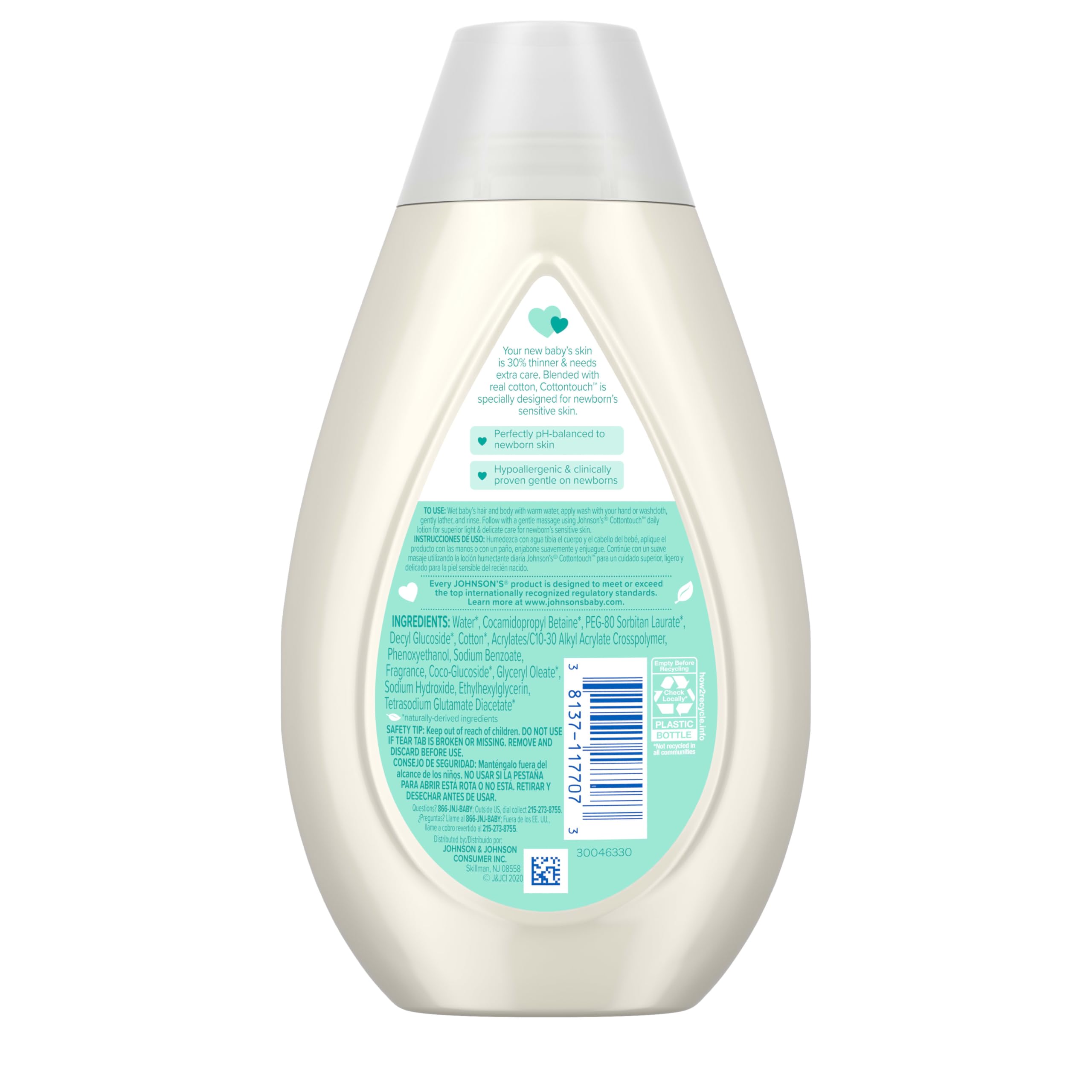 Johnson's CottonTouch Newborn Baby Body Wash & Shampoo | Gentle Tear-Free Formula with Real Cotton | Sulfate & Paraben-Free for Sensitive Skin | 13.6 fl oz | Perfect for Daily Bath Time & Newborn Care