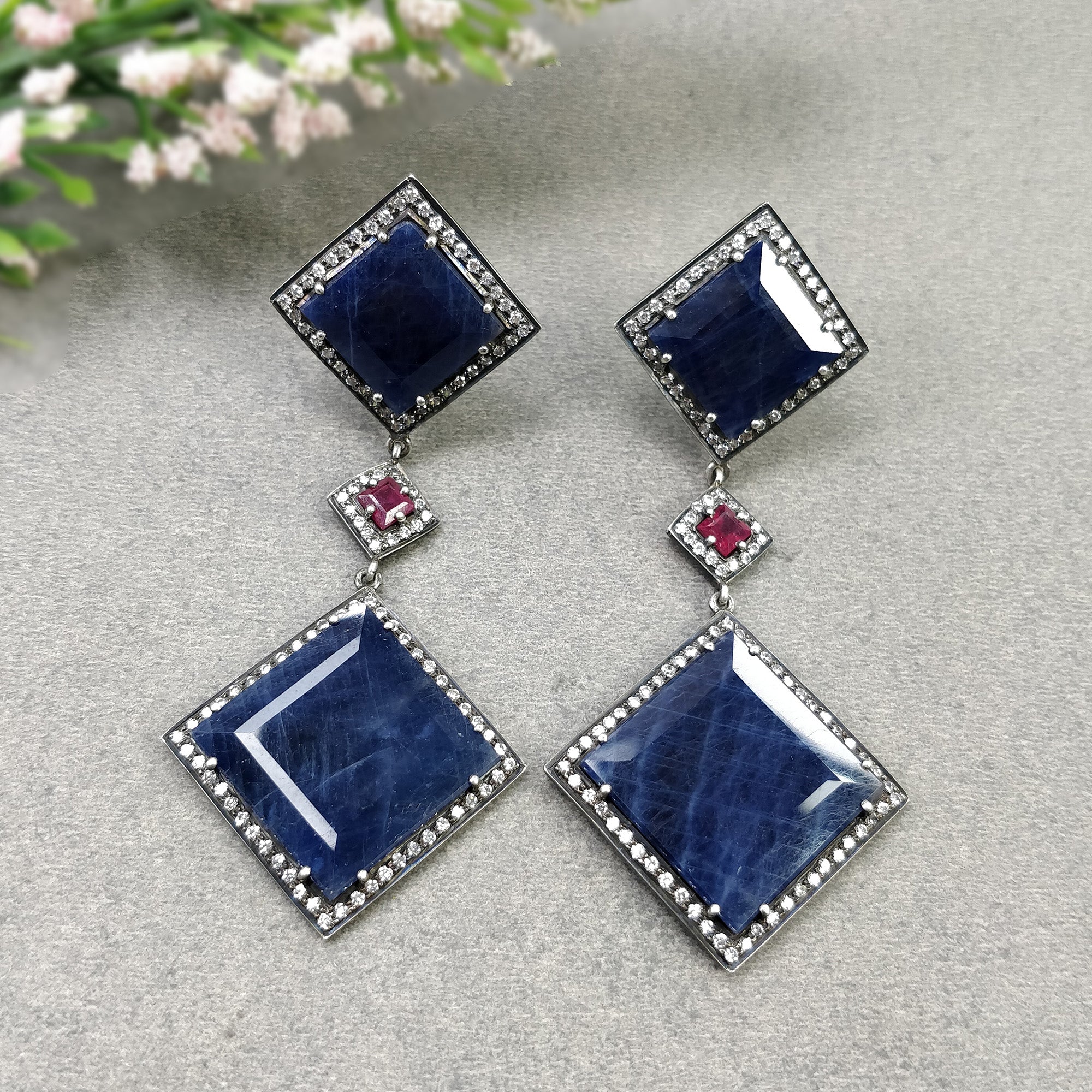 Natural Blue Sapphire Gemstone & CZ 925 Sterling Silver Drop Earrings - Victorian Style Dangle Earrings with Pave Setting for Women | Perfect for Weddings, Parties & Special Occasions