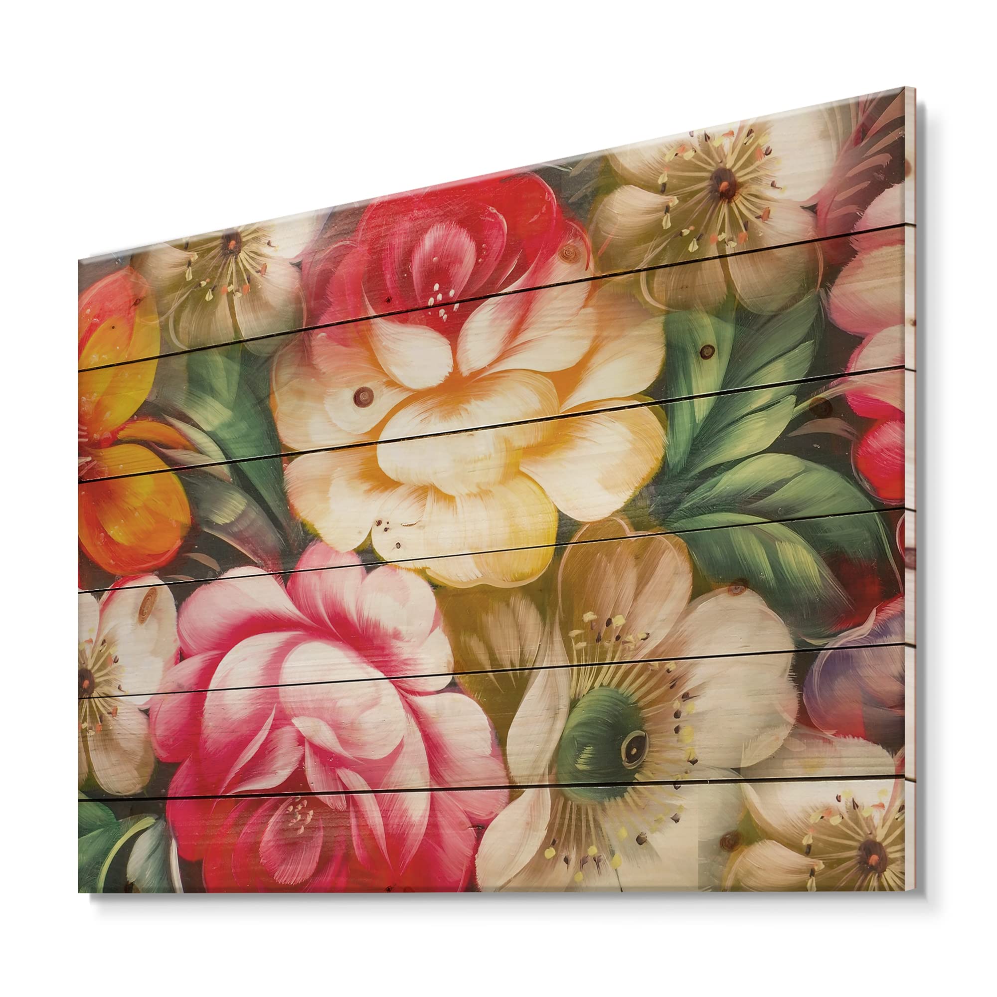 Vintage Floral Wood Wall Decor - Handcrafted Yellow & Red Traditional Flower Design on Natural Pine Wood - Large Wooden Wall Art Panels for Living Room, Bedroom & Home Decor