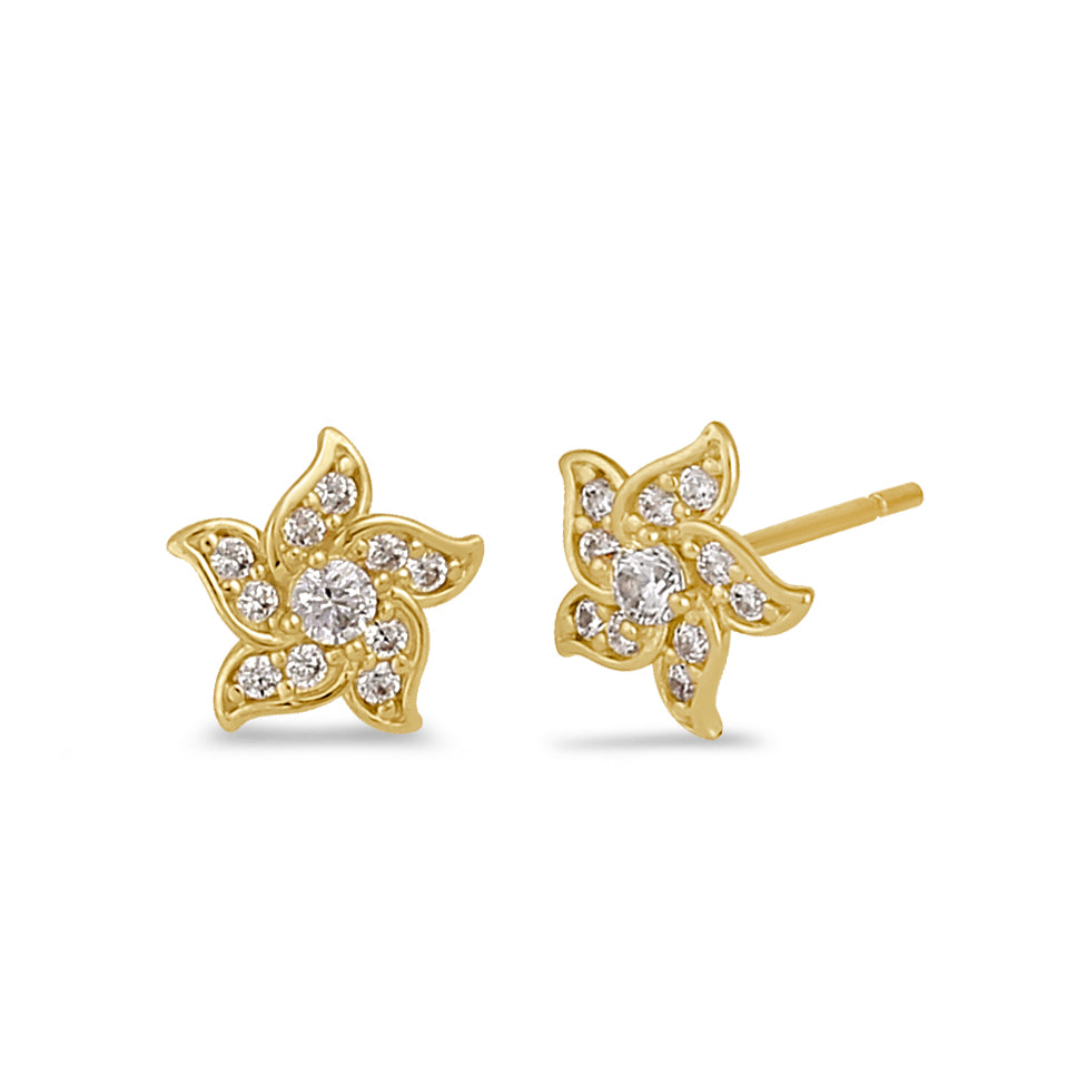 14K Solid Gold Flower Stud Earrings with CZ Stones - Elegant Gift for Women, Perfect for Weddings, Parties & Everyday Wear