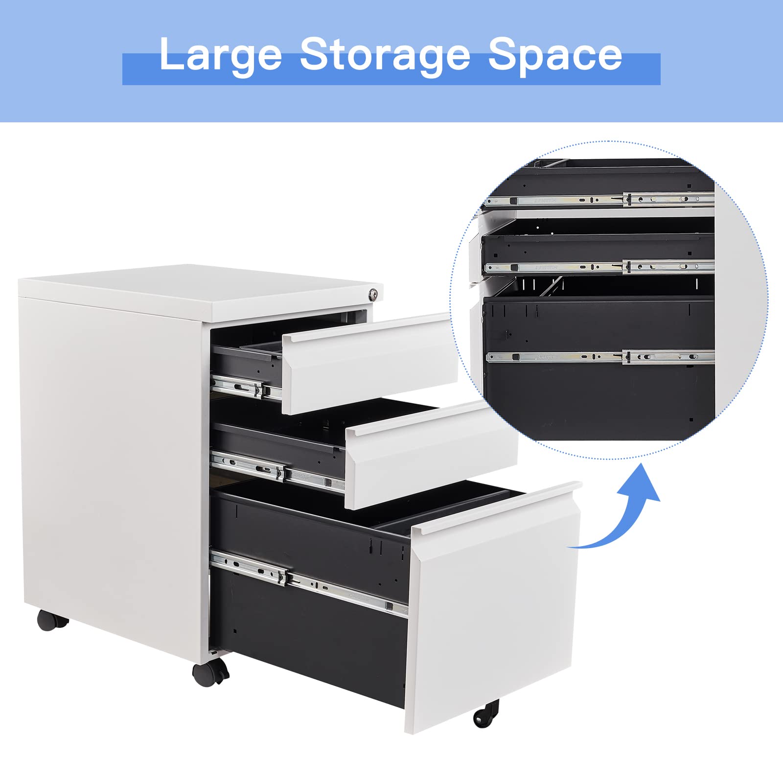 Yizosh 3-Drawer Locking Mobile File Cabinet - White Under Desk Rolling Storage Organizer for Legal/Letter/A4 Files - Heavy Duty Metal Locking File Cabinet with Wheels (Fully Assembled) - Perfect for Office, Home, or Classroom Organization
