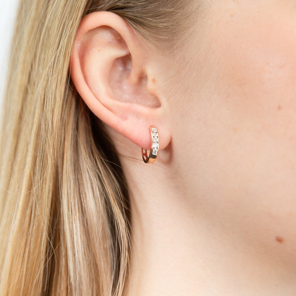9ct Rose Gold Diamond Hoop Earrings for Women - Elegant 3mm Dainty Huggie Hoops - Perfect for Everyday Wear, Date Night & Special Occasions