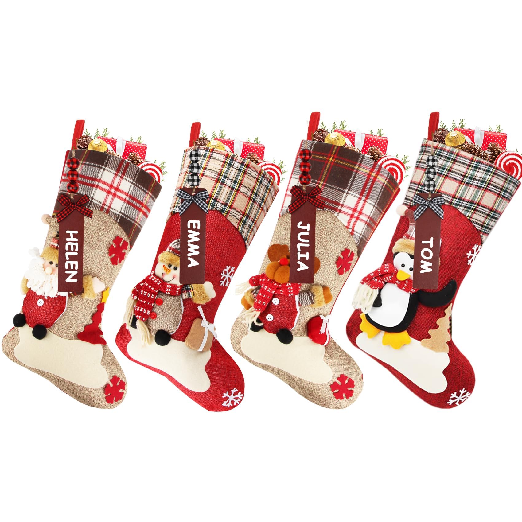 Personalized Christmas Stockings Set of 4 - 18 Inch Classic Holiday Stockings with Custom Name Tags (Santa, Snowman, Reindeer, Penguin) - Festive Home Decor, Christmas Party Supplies & Kids Gifts for Fireplace Mantel, Holiday Decorations & Stocking Stuffers