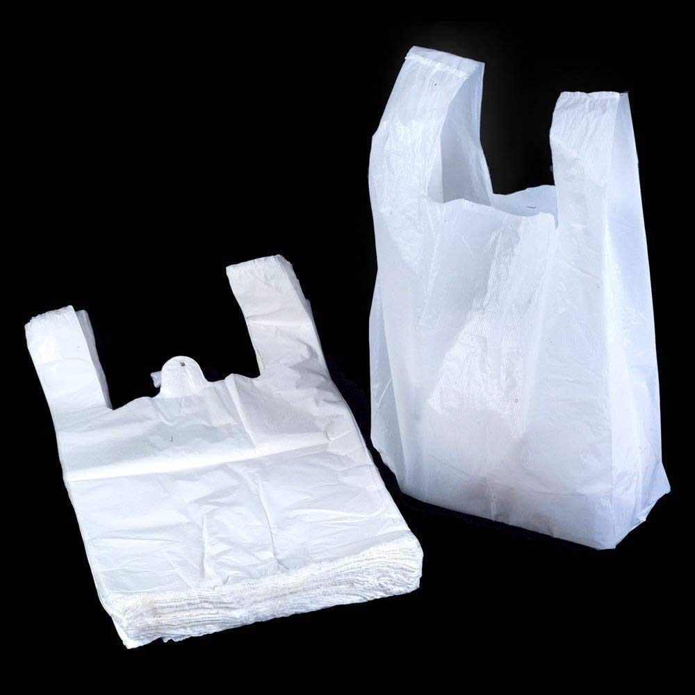 100 White Plastic Carrier Bags 11x17x21 Inches | Heavy Duty 9mu Vest Style Shopping Bags with Handles | Premium Quality Recyclable Grocery Bags for Retail Stores, Supermarkets & Parties