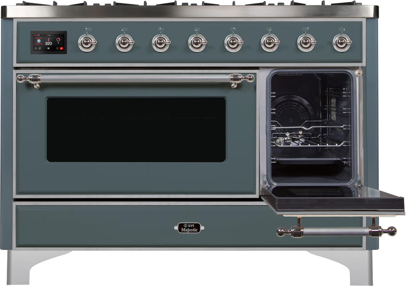 ILVE Majestic II 48-Inch Dual Fuel Range - Freestanding Liquid Propane Gas Stove with Oven - Blue Grey Finish & Chrome Trim (UM12FDNS3BGCLP) - Perfect for Gourmet Kitchens & Professional Home Chefs