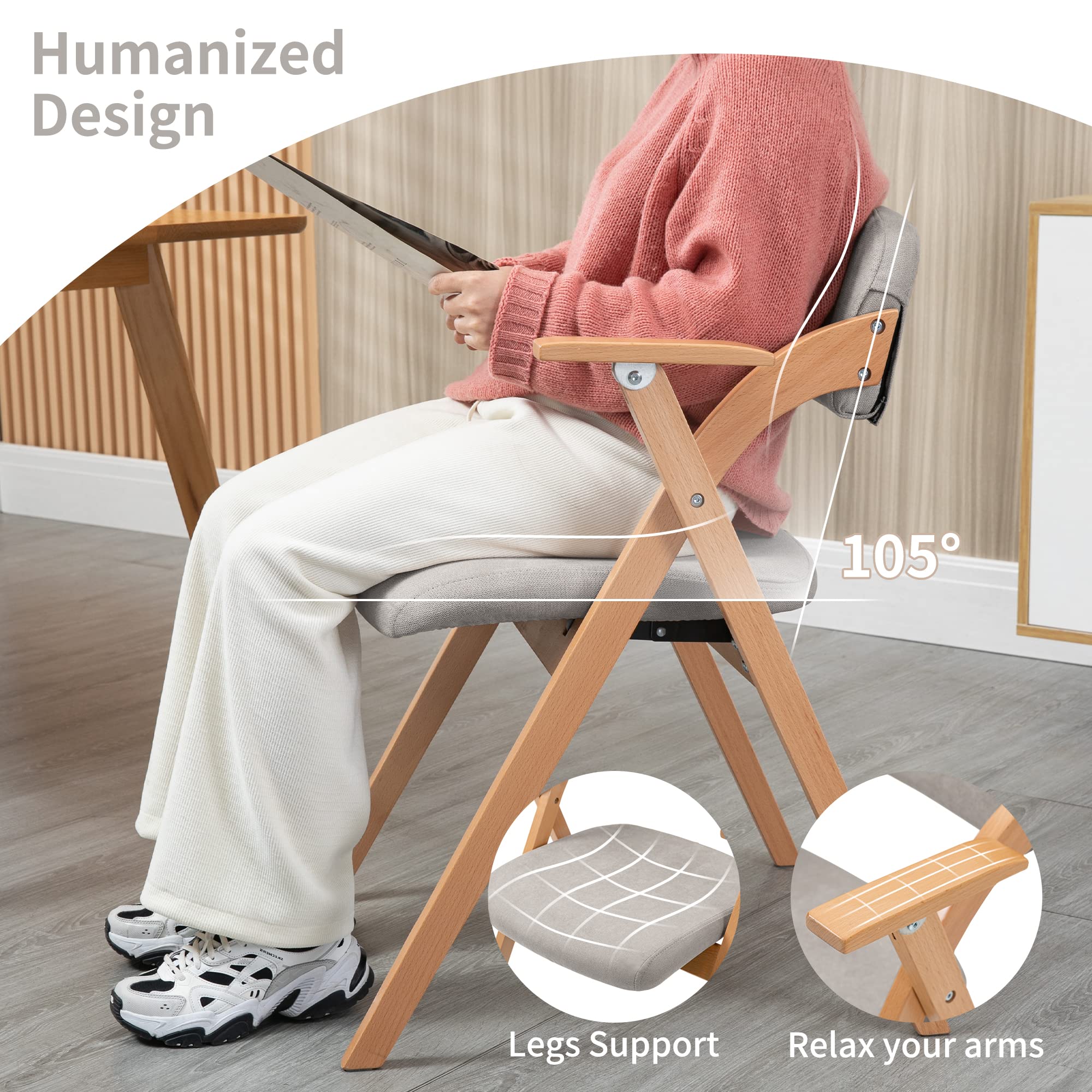 HOMEFUN 2-Pack Wooden Folding Chairs with Armrests & Padded Seats - Stackable Space-Saving Dining Chairs for Kitchen, Office, Wedding, Party & Guest Seating (Gray) - Perfect for Indoor & Outdoor Events, Home Decor & Compact Living Spaces