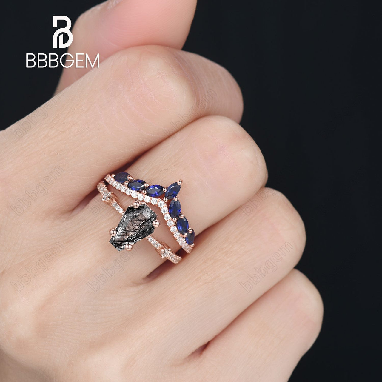 Gothic Black Quartz Coffin Ring Set - Witchy Black Rutilated Quartz & Blue Sapphire Gemstone Jewelry in 18K White Gold for Dark Aesthetic, Gothic Fashion, and Witchy Occasions