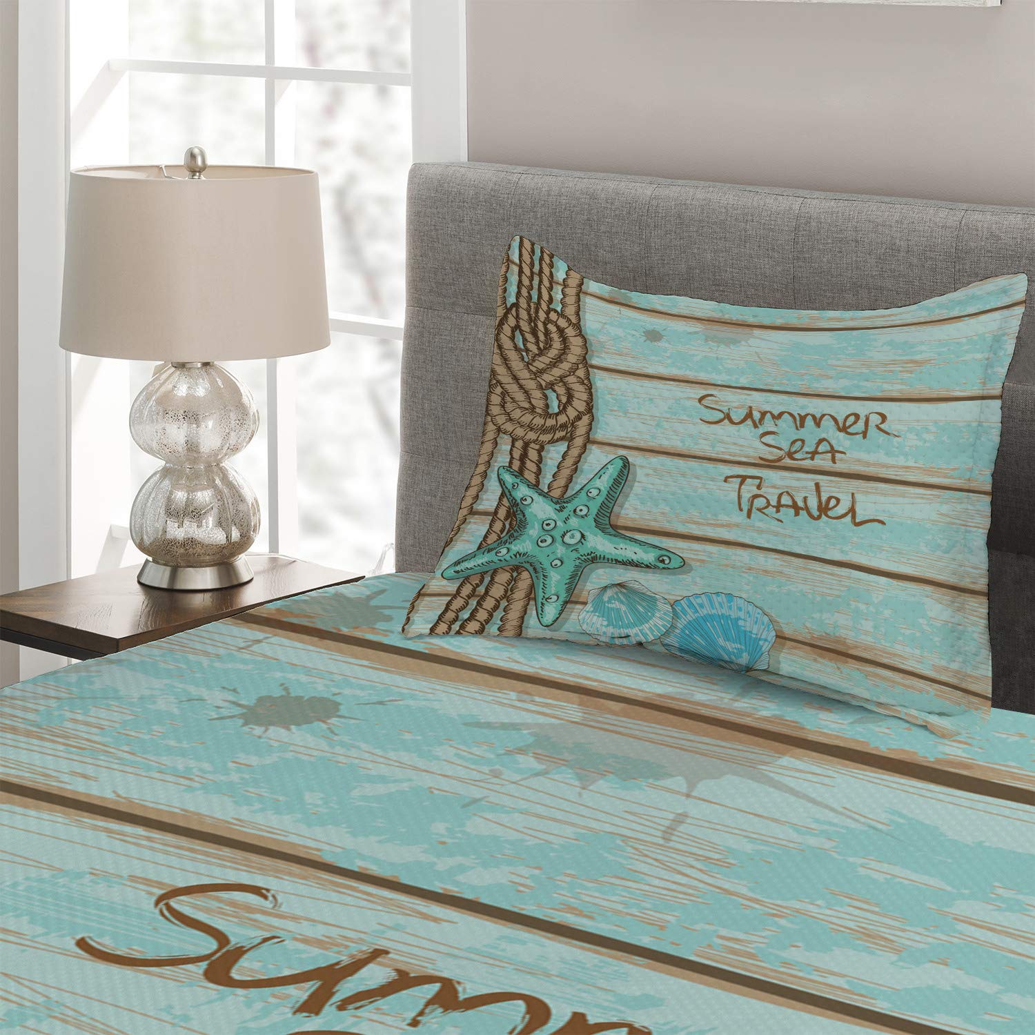 Ambesonne Starfish Quilt Set - 3 Piece Twin Size Bedspread with 2 Pillow Shams, Mint Green Turquoise Nautical Theme | Summer Beach Decor, Coastal Bedroom Style for Sea Travel Lovers