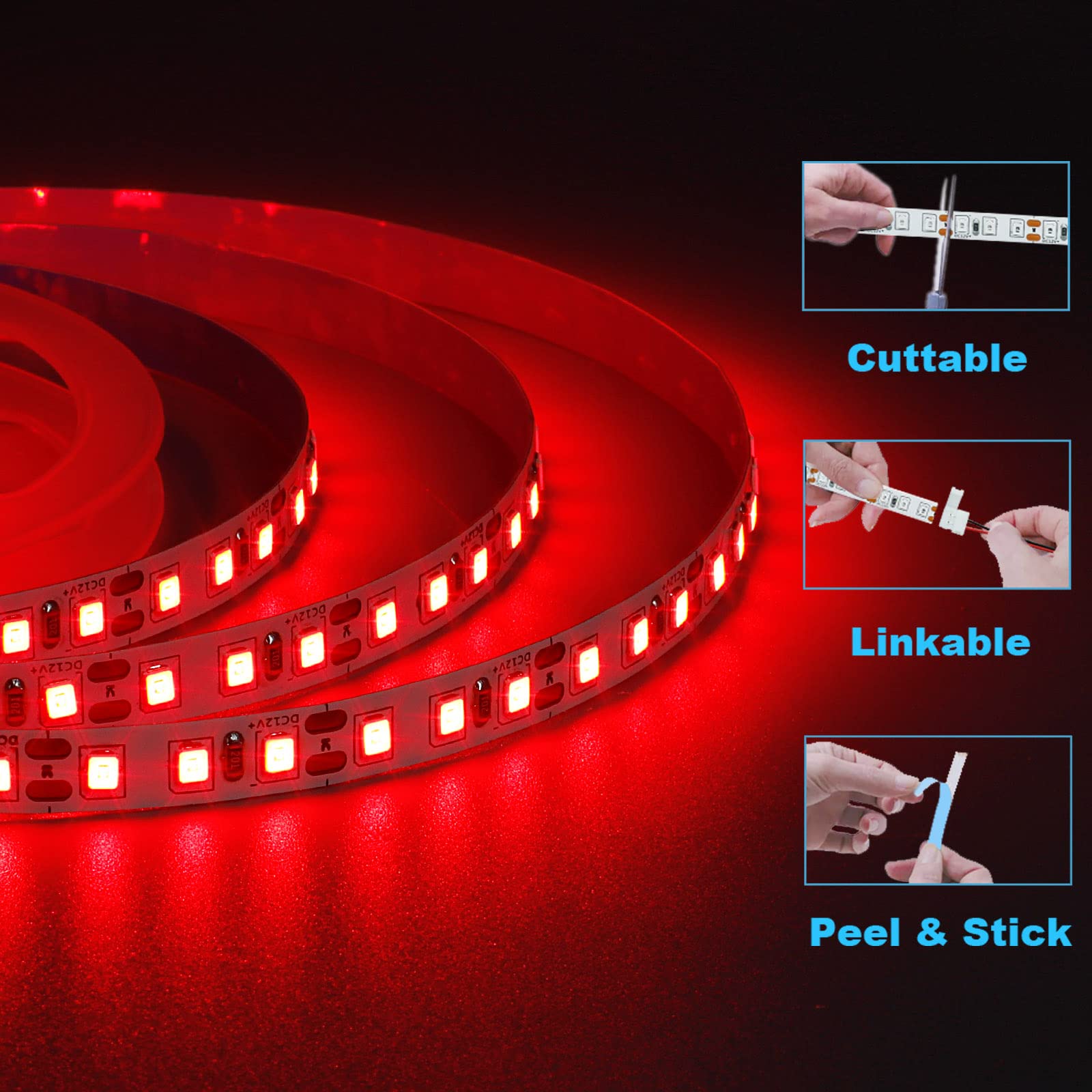 12V 5M/16.4ft Red LED Strip Light - 600 SMD2835 LEDs High Brightness Flexible Tape Light IP20 Non-Waterproof for Bedroom, Christmas Decorations, Party Lighting (Power Supply Not Included) - Perfect for Home Accent Lighting, DIY Projects and Holiday Decor