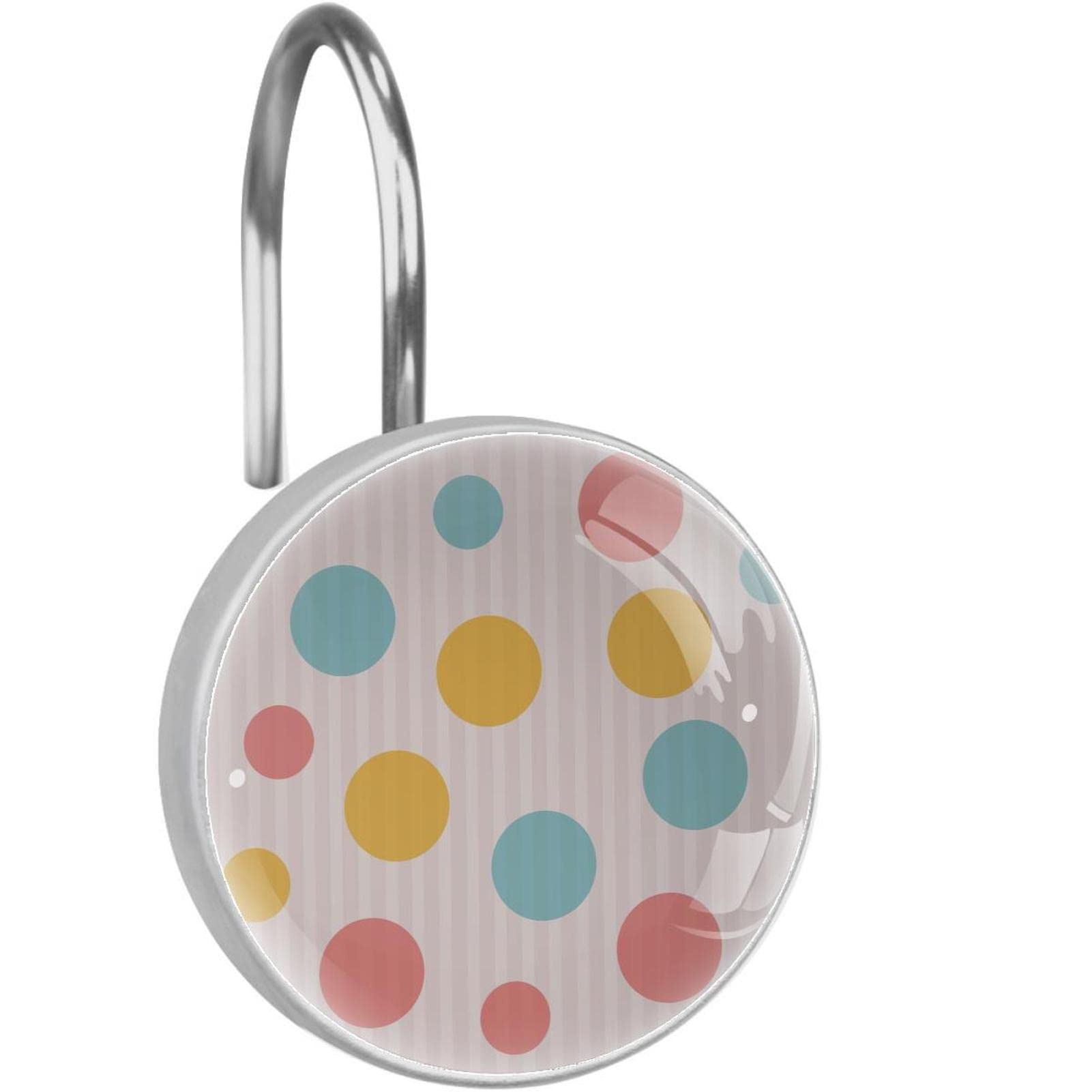 Colorful Round Shower Curtain Hooks - 12 Pack Big Dotted Striped Bathroom Decor Hooks for Shower, Bathtub & Closet Organization - Waterproof Rust-Resistant Metal Hooks for Home & Hotel Use