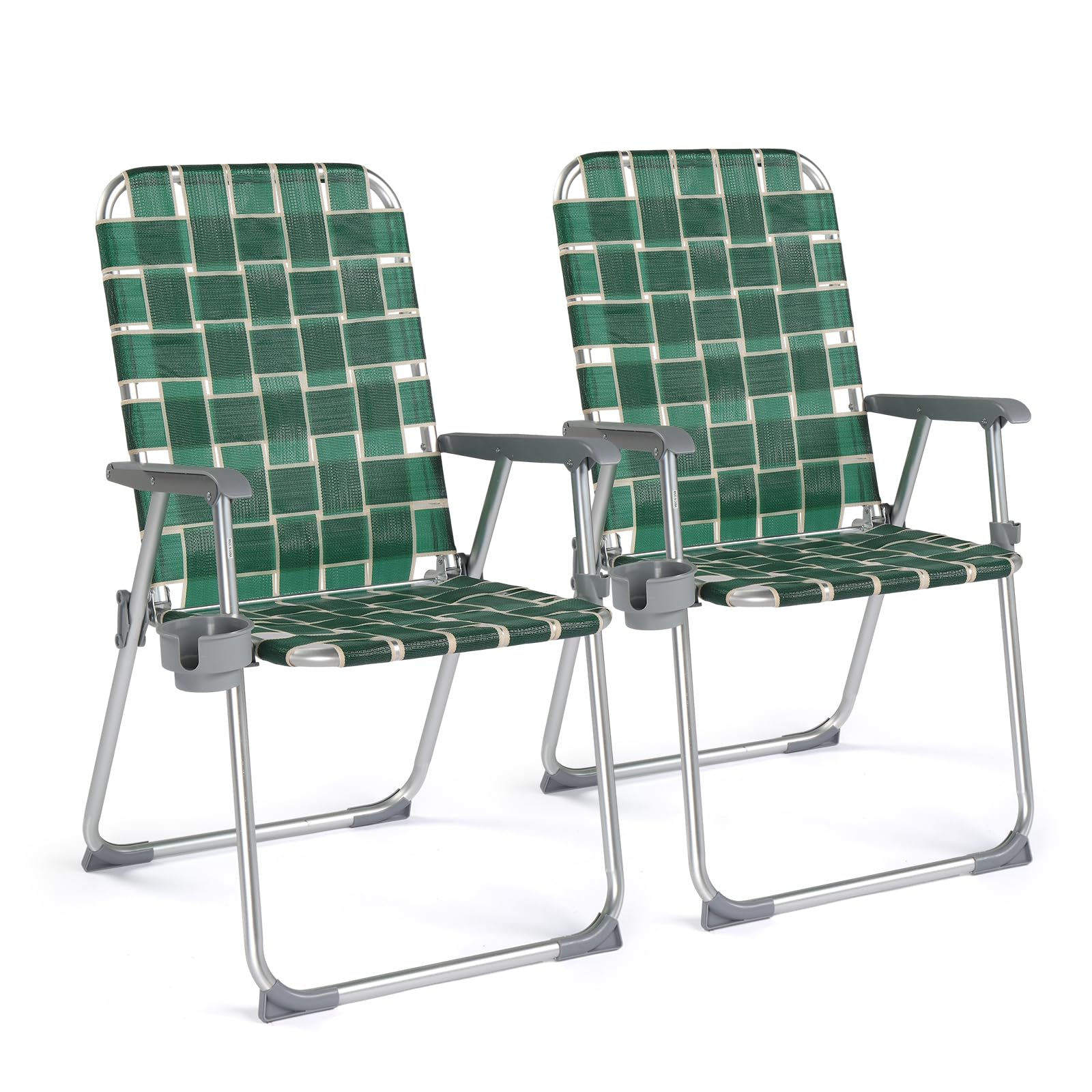 VINGLI 2 Pack Folding Aluminum Lawn Chairs with Cup Holder - Heavy Duty Portable Beach Chairs for Adults, Patio & Camping Chairs for Backyard, Garden, Poolside & Outdoor Relaxation