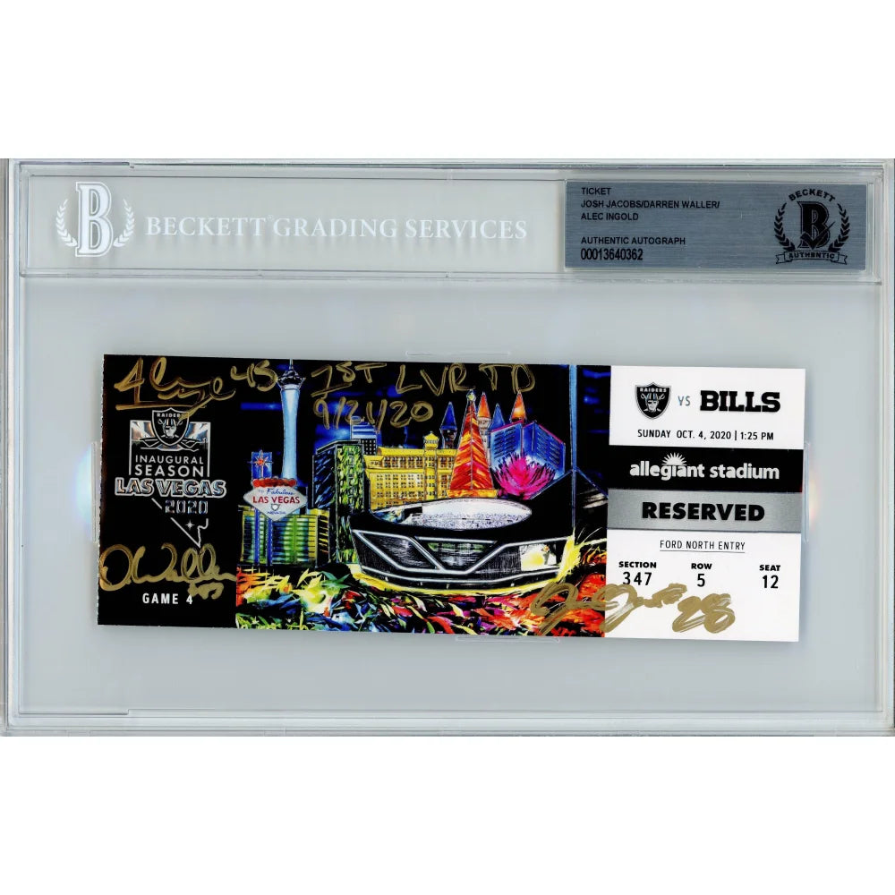Authentic Las Vegas Raiders 1st Year Ticket Collage - Signed by Darren Waller, Josh Jacobs & Alec Ingold - Framed Memorabilia with BAS COA - Perfect for Raiders Fans, Man Cave Decor & Sports Collectibles Display