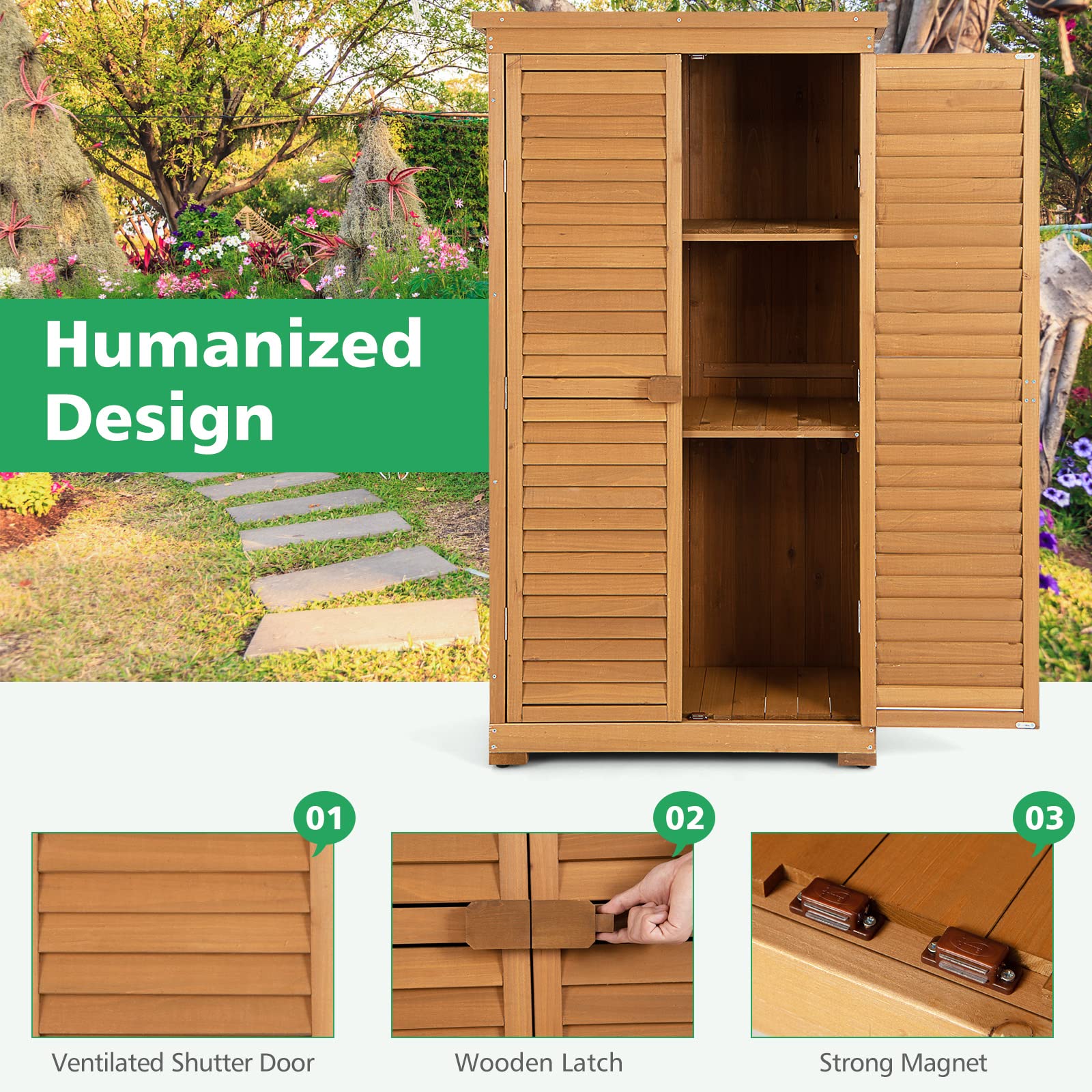 GOFLAME 63 Inch Outdoor Storage Cabinet with 3 Removable Shelves - Waterproof Wooden Garden Shed, Adjustable Footpads & Latch - Vertical Tool Storage for Porch, Deck, Backyard, Patio (Great for Storing Gardening Tools, Outdoor Equipment & Seasonal Items)
