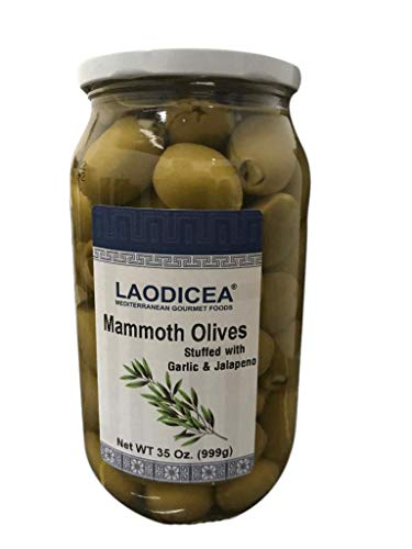 Premium Laodicea Mammoth Green Olives - 35oz (1kg) Jar - Perfect for Salads, Charcuterie Boards & Mediterranean Recipes