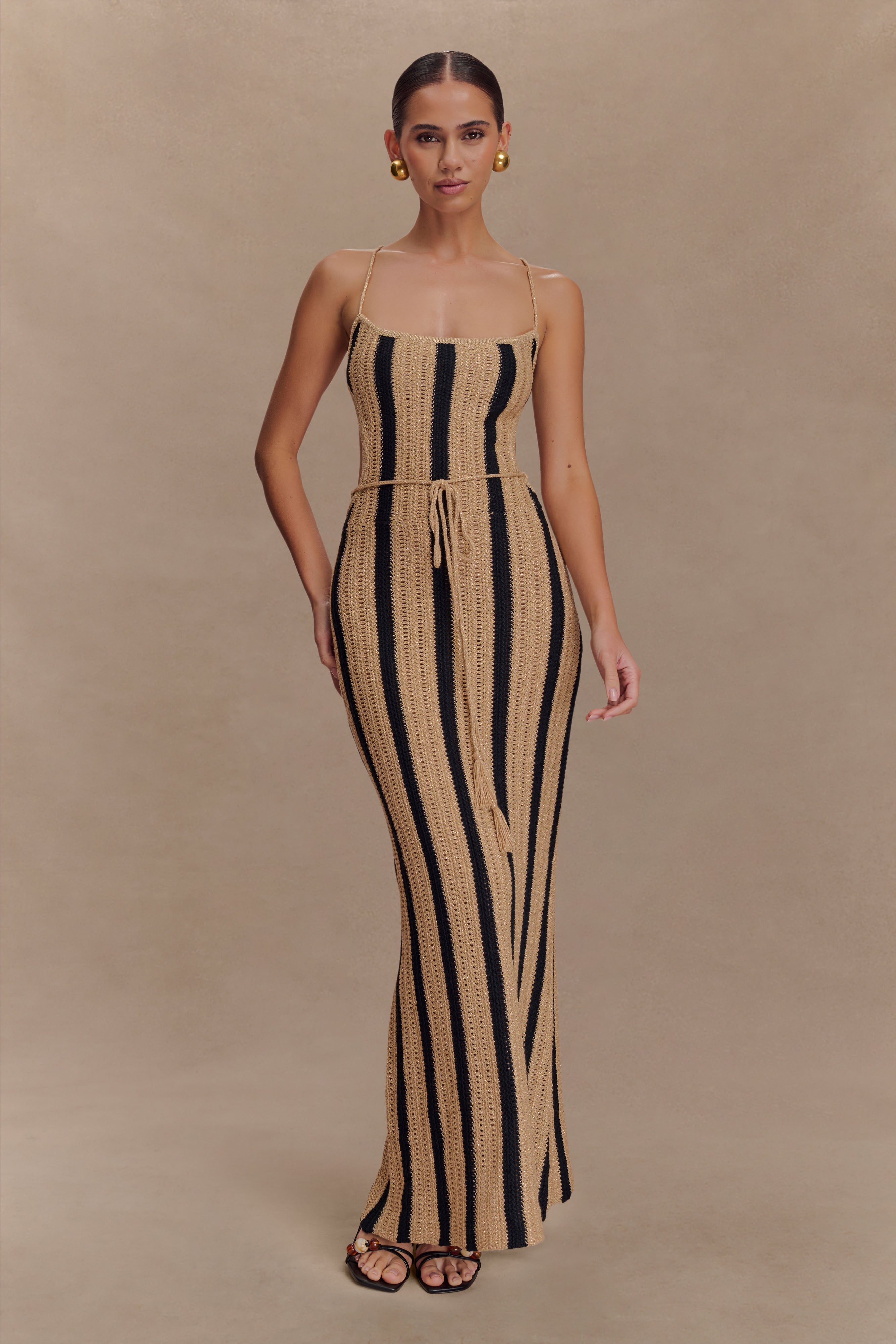 Shepherd Croquet Halter Maxi Dress - Elegant Gold & Black Summer Beach Dress for Women | Perfect for Vacations, Weddings, and Boho Chic Outfits
