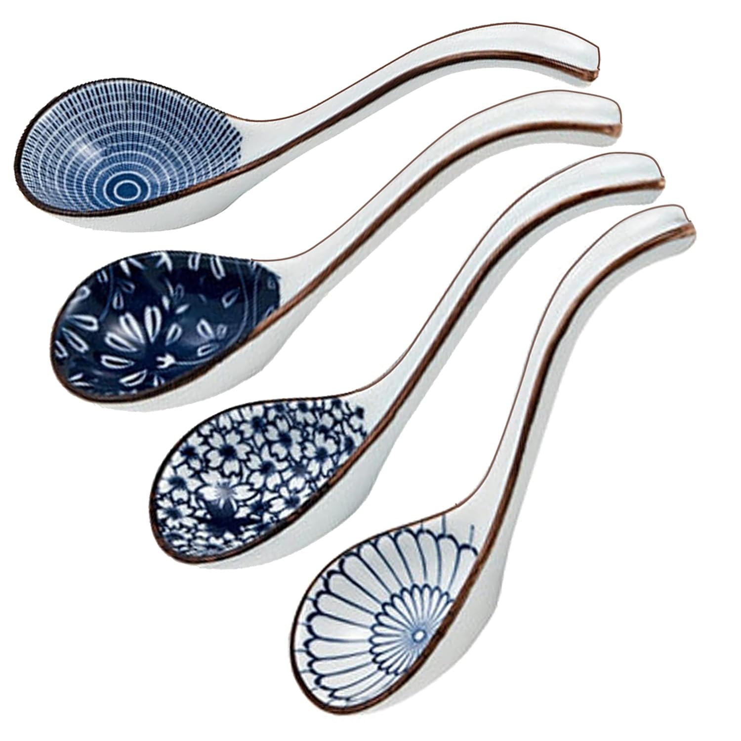 4-Piece Asian Soup Spoon Set - Long Handle Ceramic Porcelain Spoons for Ramen, Pho, Miso, Wonton Noodles & Rice | Perfect for Asian Cuisine, Home Dining & Restaurant Use