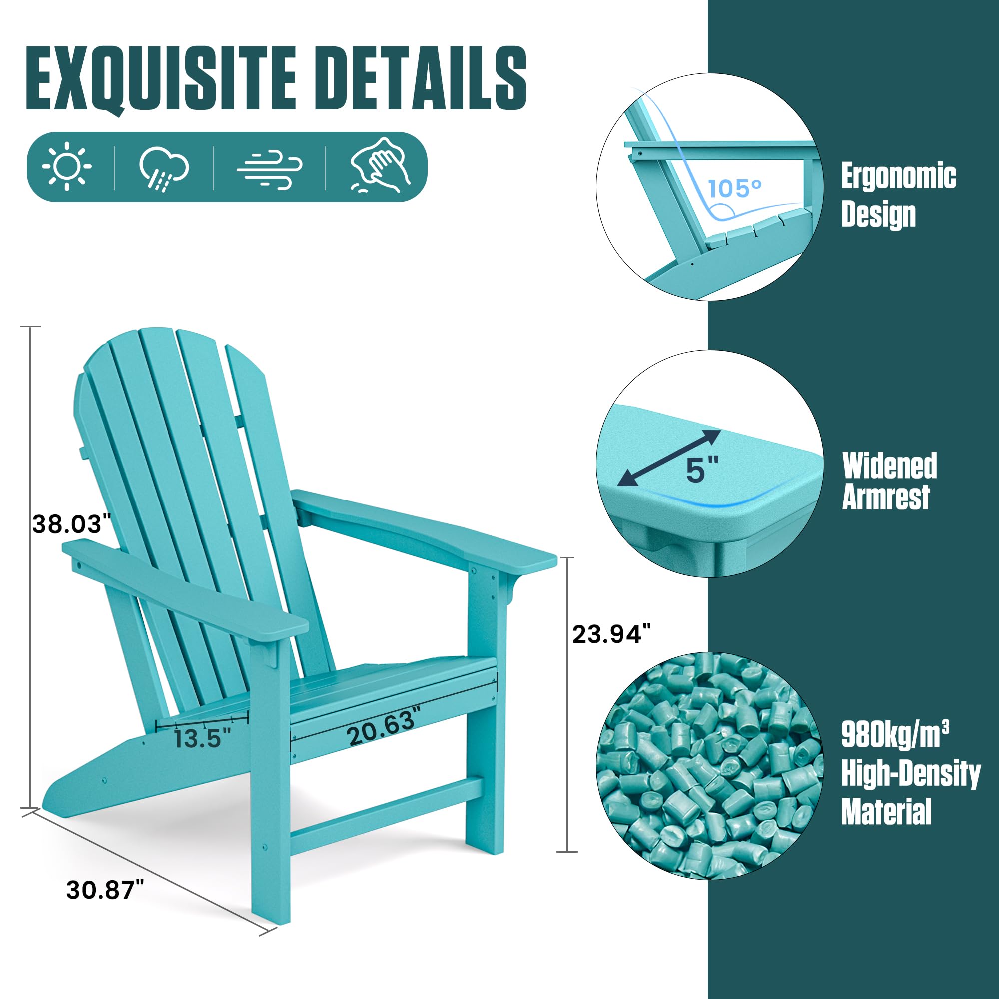 Durable HDPE Adirondack Chair - Weather-Resistant Outdoor Patio Furniture for Yard, Porch, Garden, Deck & Pool - Light Blue Comfortable Lawn Seating for Relaxing in Sun or Shade