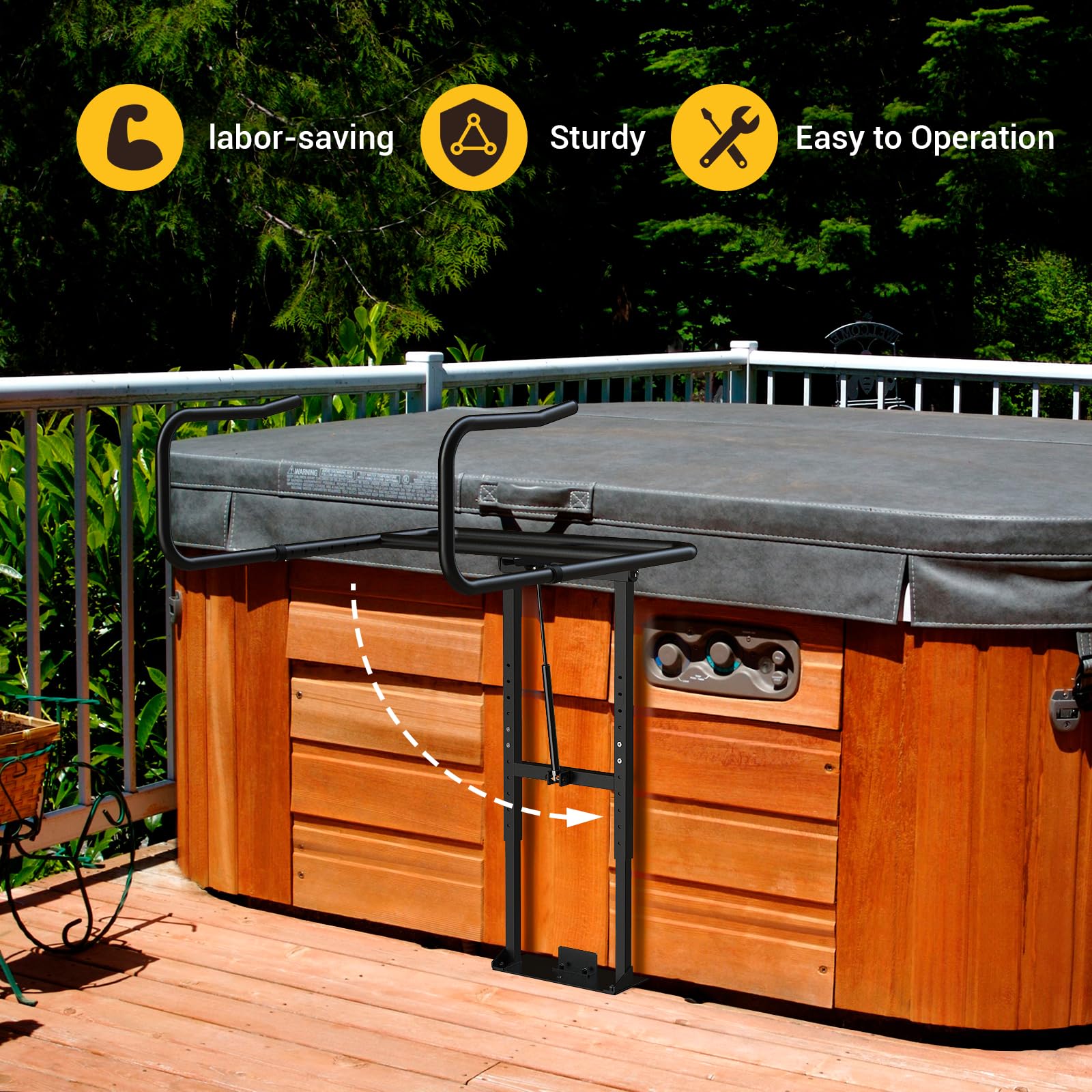 Premium Hydraulic Hot Tub Cover Lift - Adjustable U-Arms Spa Cover Lifter for Above Ground & Inground Spas - Heavy Duty Black - Perfect for Backyard, Deck or Patio Relaxation