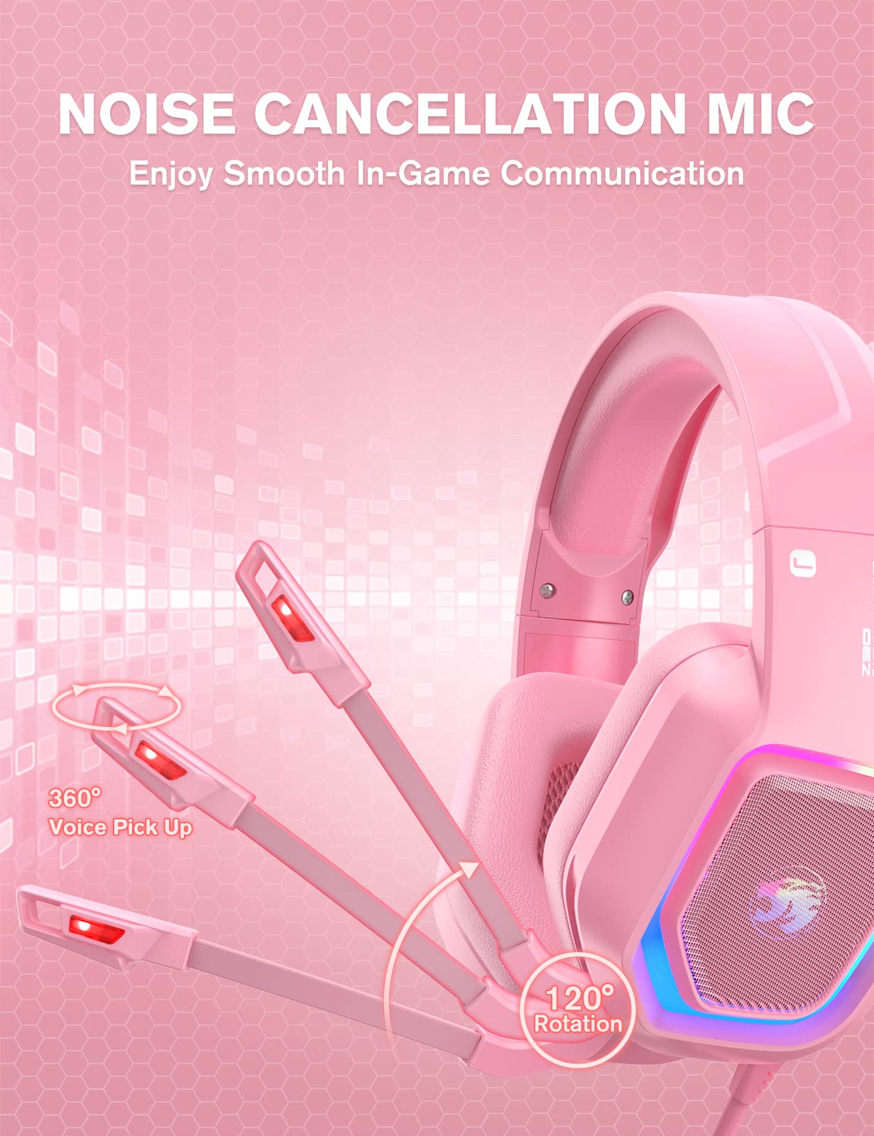 ZIUMIER Z30 Pink Gaming Headset - Wired Over-Ear Headphones with Noise Cancelling Mic, RGB LED Lights & Surround Sound for PS5, PS4, Xbox One, PC - Comfortable Earmuffs for Long Gaming Sessions (Pink)