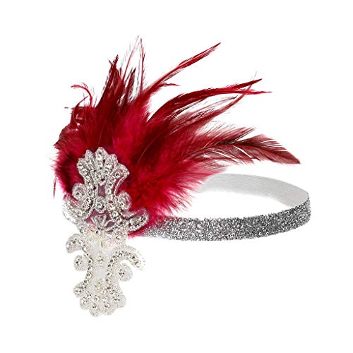Vintage Gatsby Feather Headband for Women - Flapper Headpiece Headdress in Wine Red (One Size Fits All) - Perfect for 1920s Themed Parties, Prom, Weddings & Costume Events