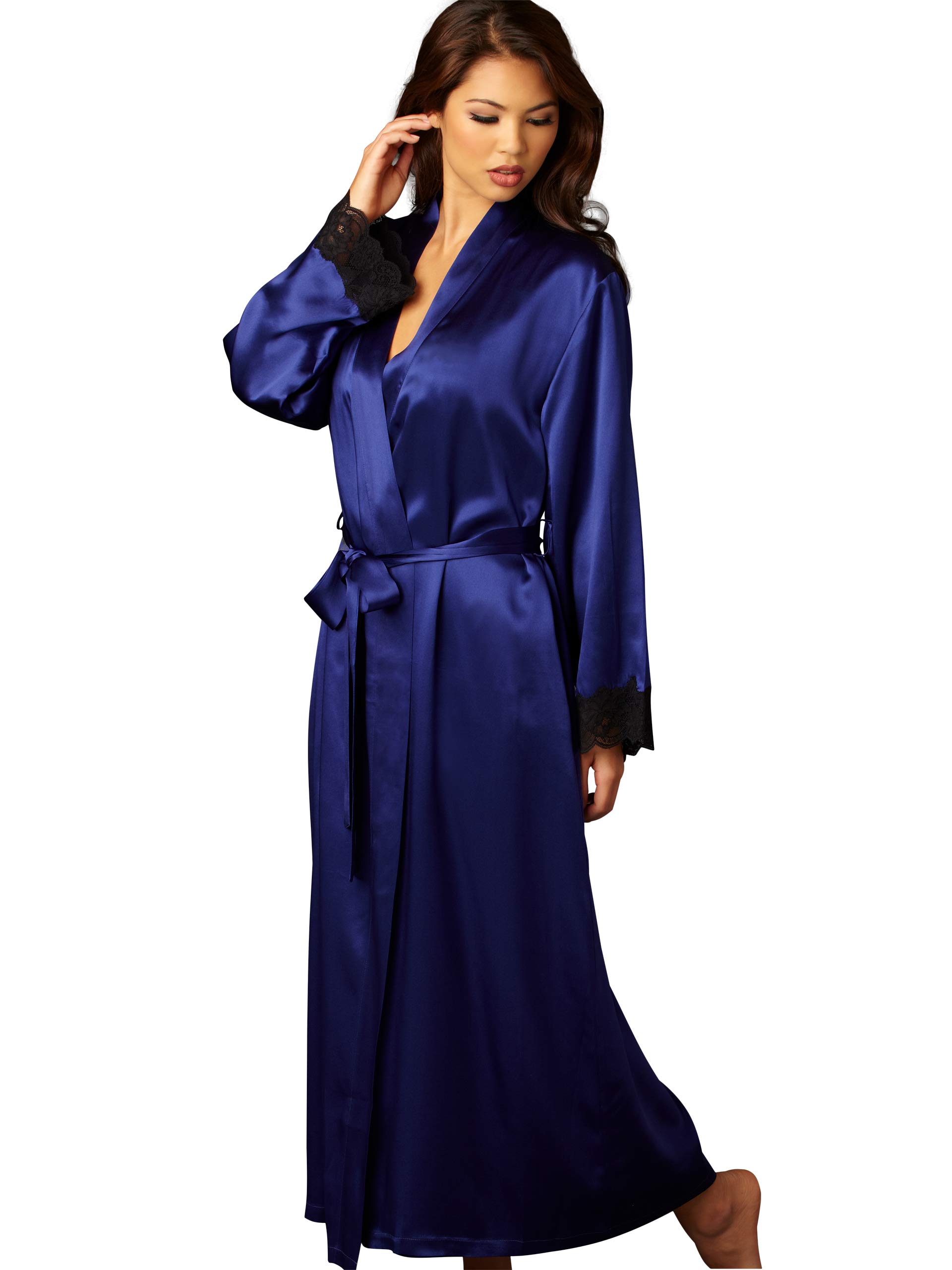 Luxury Women's Silk Robe with Lace Trim & Side Pockets - Elegant Kimono Style Bathrobe for Spa, Bridal Shower & Honeymoon - Le Tresor Premium Lingerie Gift Set in Beautiful Packaging