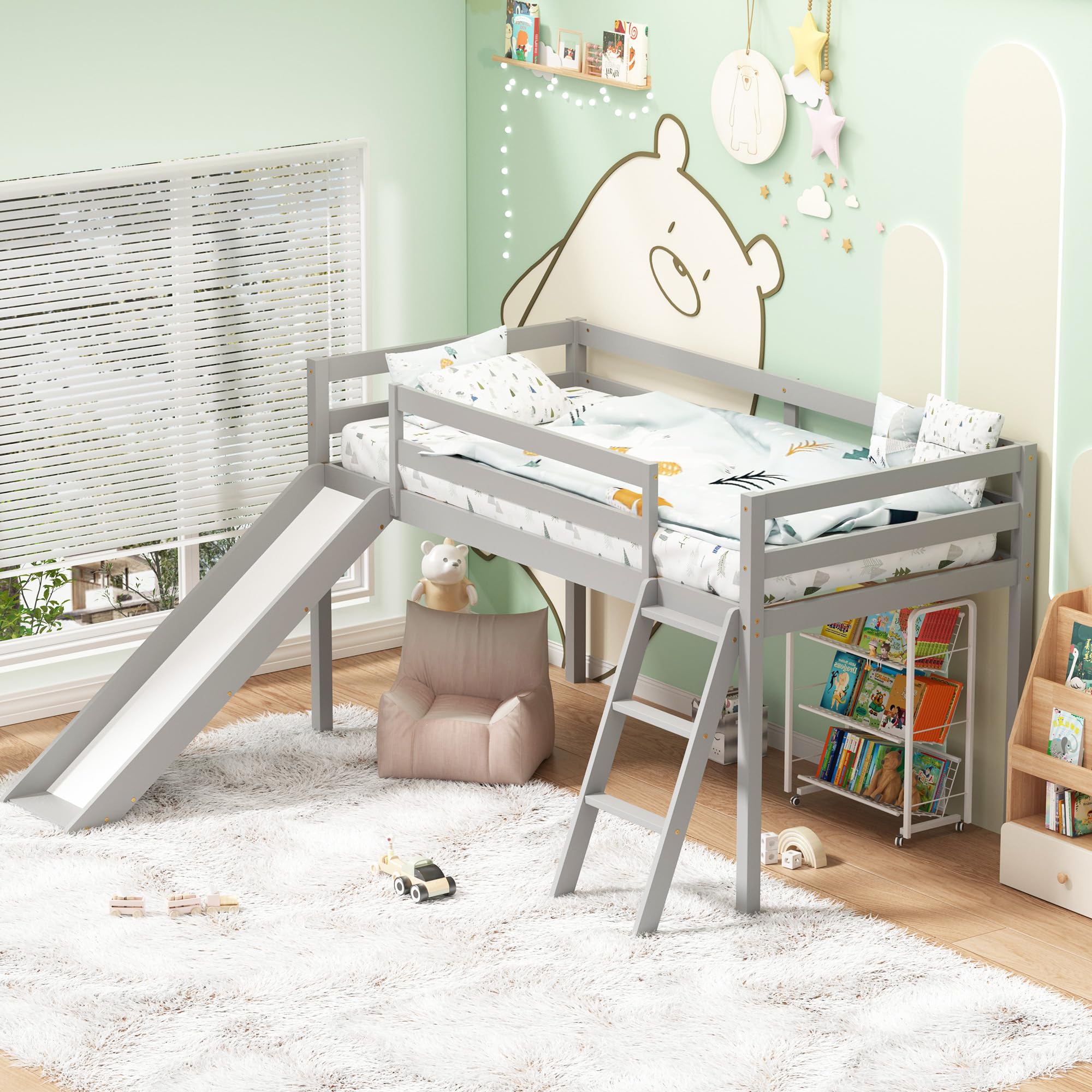 Xilingol Low Loft Bed with Slide - Wooden Twin Bed Frame with Climbing Ladder for Toddlers & Kids - Space-Saving Grey Kids Bed for Small Rooms - Perfect for Playrooms, Bedrooms & Daycare Centers