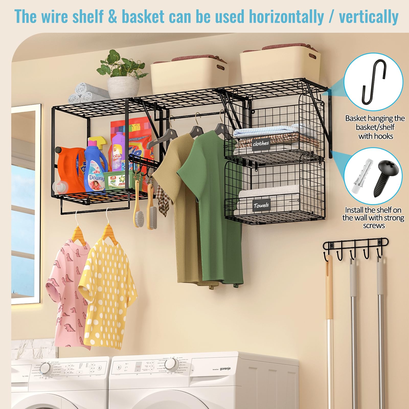 3 Pack Laundry Room Shelves with Wire Storage Baskets - Over Washer and Dryer Organizer with Hanging Rods & Hooks - Space Saving Laundry Storage Solution for Small Spaces, Closets and Utility Rooms