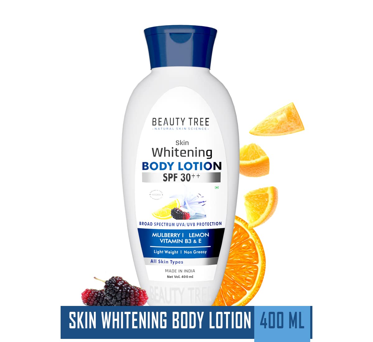 BEAUTY TREE Skin Whitening Body Lotion SPF 30 with Mulberry Extract, Lemon Oil, Vitamin B3 & E | Brightening & Sun Protection Moisturizer 400ml | Perfect for Daily Hydration & UV Defense
