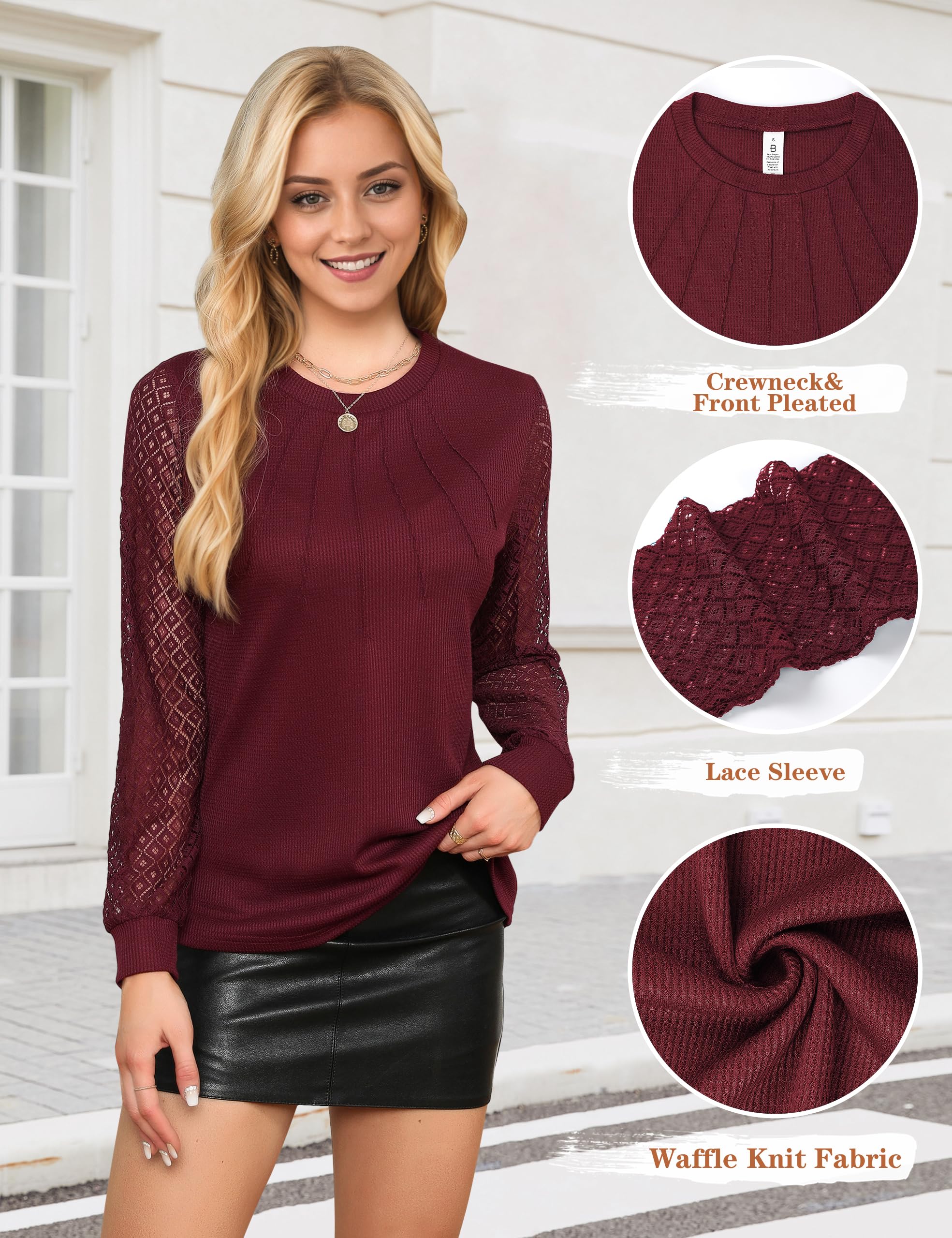 Blooming Jelly Women's Lace Long Sleeve Pleated Blouse - Waffle Knit Business Casual Top for Work & Fall Outfits | Perfect for Office Wear, Date Nights & Autumn Layering