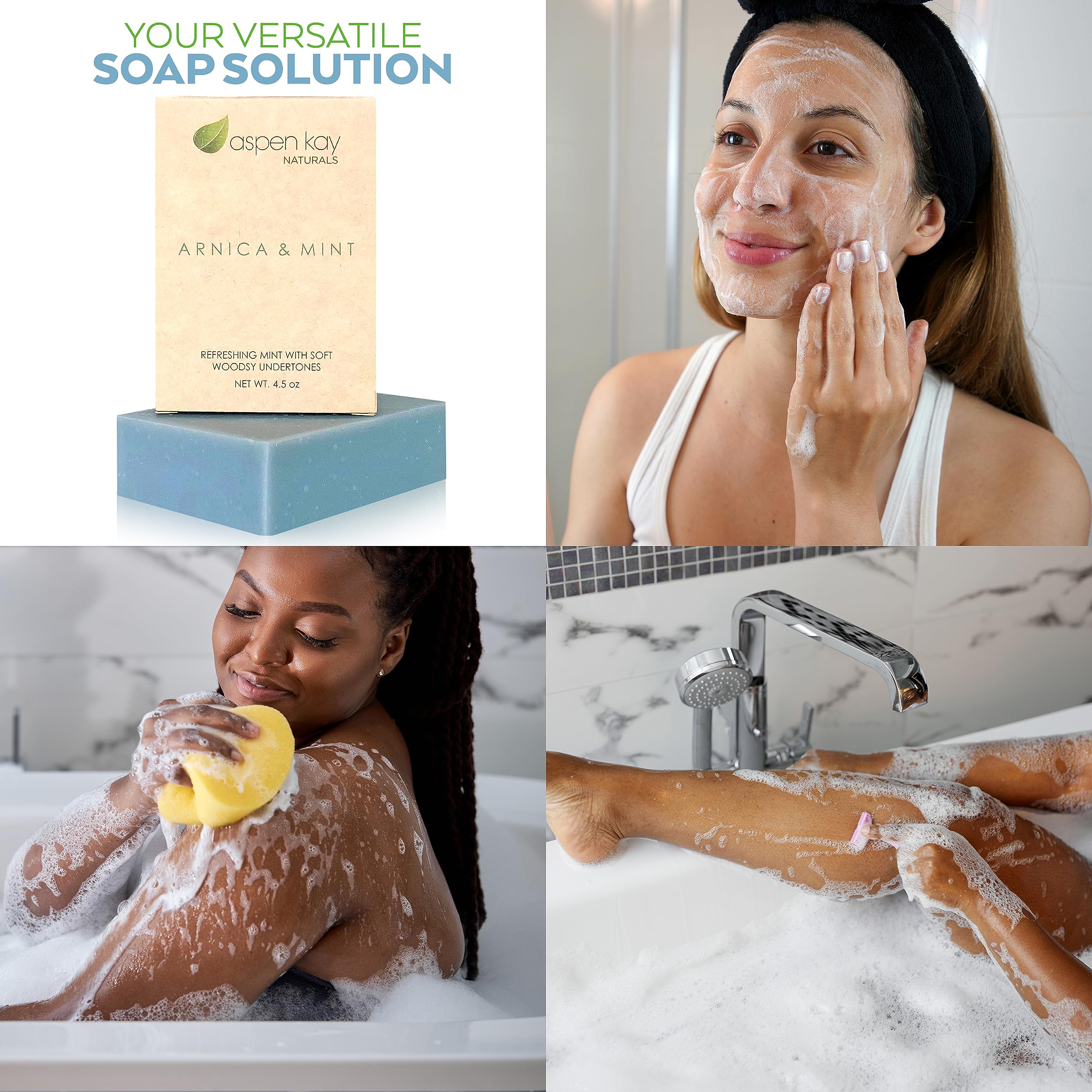 Aspen Kay Naturals Vegan Arnica & Mint Soap with Olive Oil, Shea Butter & Coconut Oil - Cold Processed, Essential Oils, Palm Oil Free - For All Skin Types & Sensitive Skin - Made in USA (1 Pack) - Perfect for Daily Skincare & Relaxing Bath Time