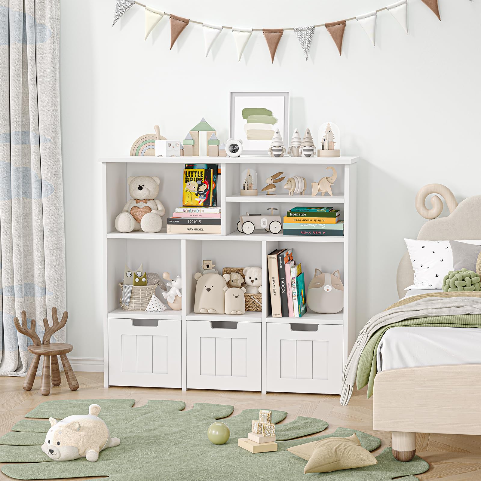 3-Tier Kids Toy Storage Organizer with Movable Drawers & Hidden Wheels - Multifunctional Bookshelf Cabinet for Nursery, Playroom, Bedroom - Perfect for Organizing Toys, Books & Kids Essentials (White)