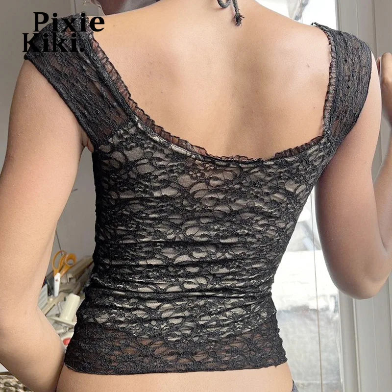 Sexy Black Lace Crop Top for Women - Y2K V-Neck Low Cut Backless Sleeveless T-Shirt | 2000s Vintage Fashion | Perfect for Summer 2024, Parties & Night Out