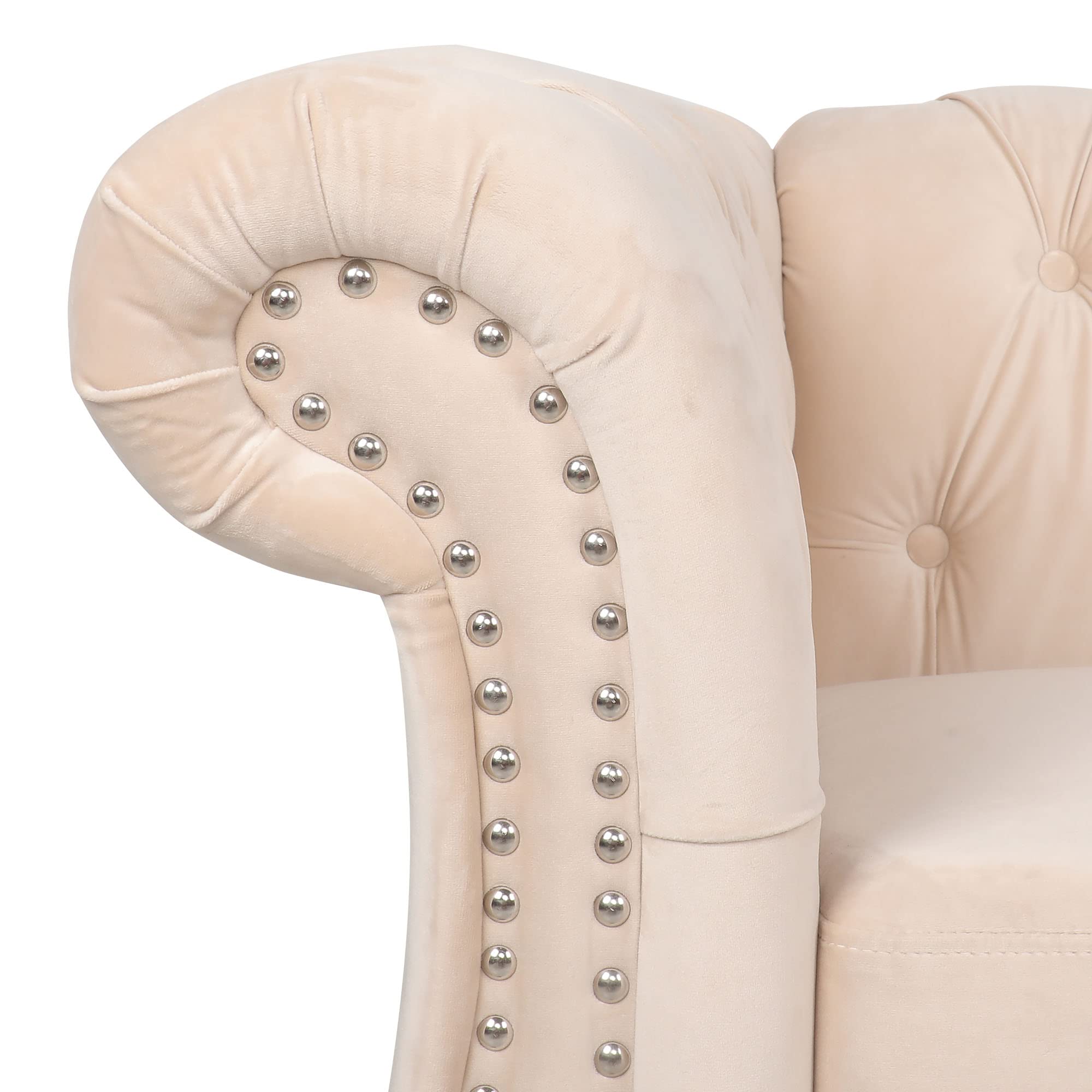 RARZOE Contemporary Velvet Chesterfield Chair - Tufted Button Accent Chair with Scrolled Arms & Nailhead Trim - Luxurious Velvet Upholstery for Living Room, Bedroom, Office - Perfect for Home Decor, Reading Nook & Cozy Sitting Area (Beige)