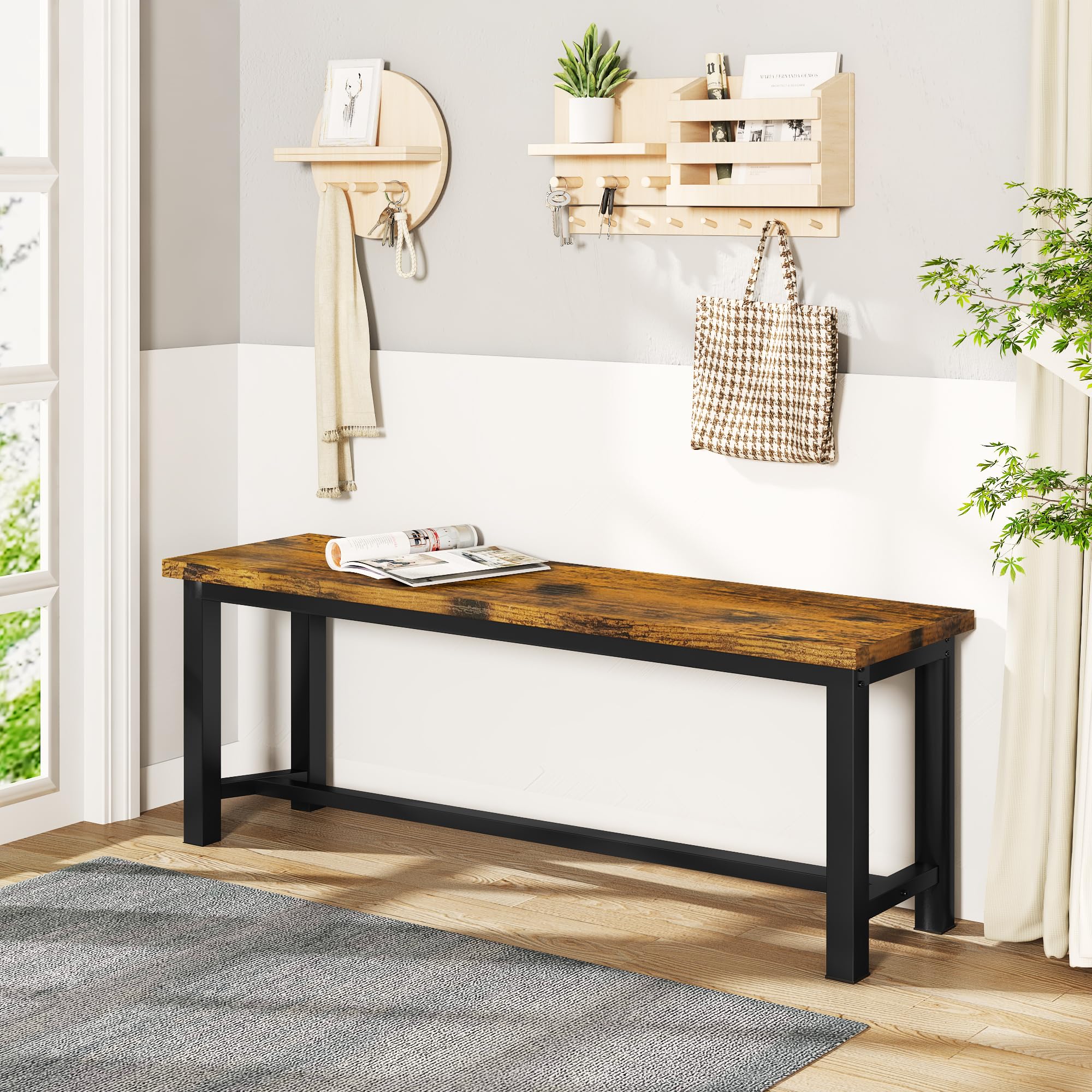 DKLGG 39 Inch Rustic Brown Dining Benches Set of 2 - Industrial Metal Leg Kitchen & Entryway Benches for Living Room, Bedroom, Dining Area - Durable & Stable Wooden Seating for Home Decor & Small Space Solutions
