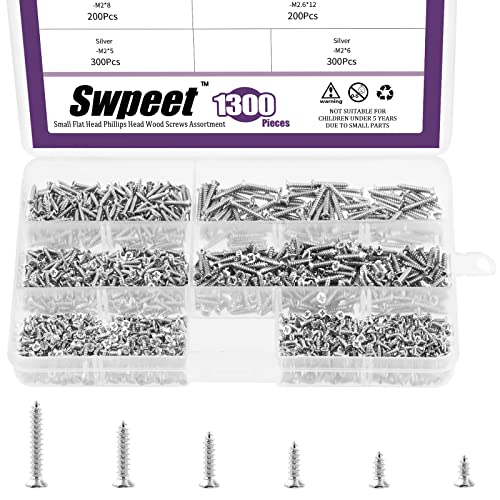 Swpeet 1295-Piece Small Wood Screws Assortment Kit - 5mm, 6mm, 8mm, 10mm, 12mm, 16mm Self-Drilling Flat Head Phillips Screws - Self-Tapping Metal & Furniture Screws (Nickel Plated) - Perfect for DIY Projects, Woodworking, Furniture Assembly & Home Repairs