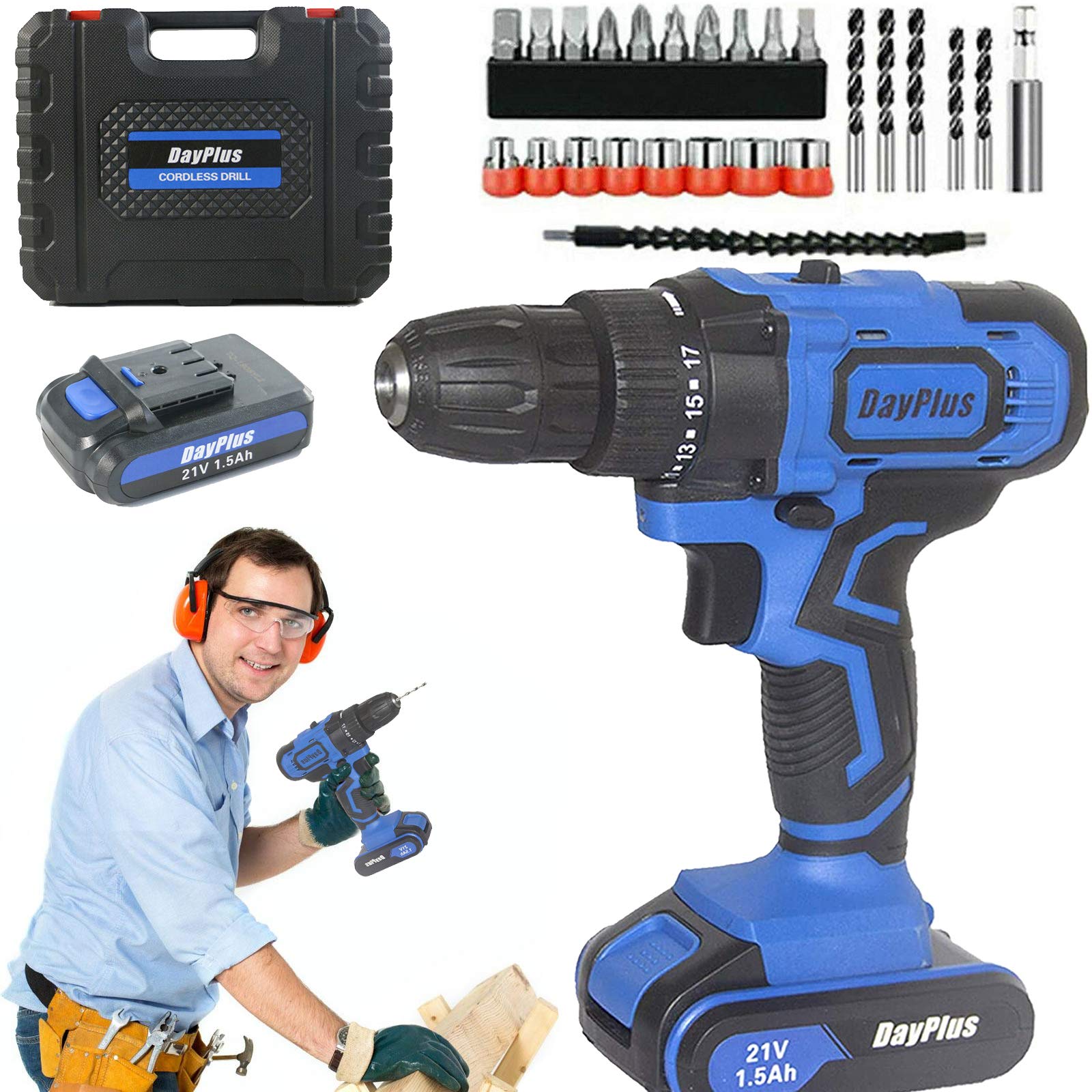 21V Cordless Drill Screwdriver with 1500mAh Lithium Battery - Fast Charger, 2-Speed 3/8