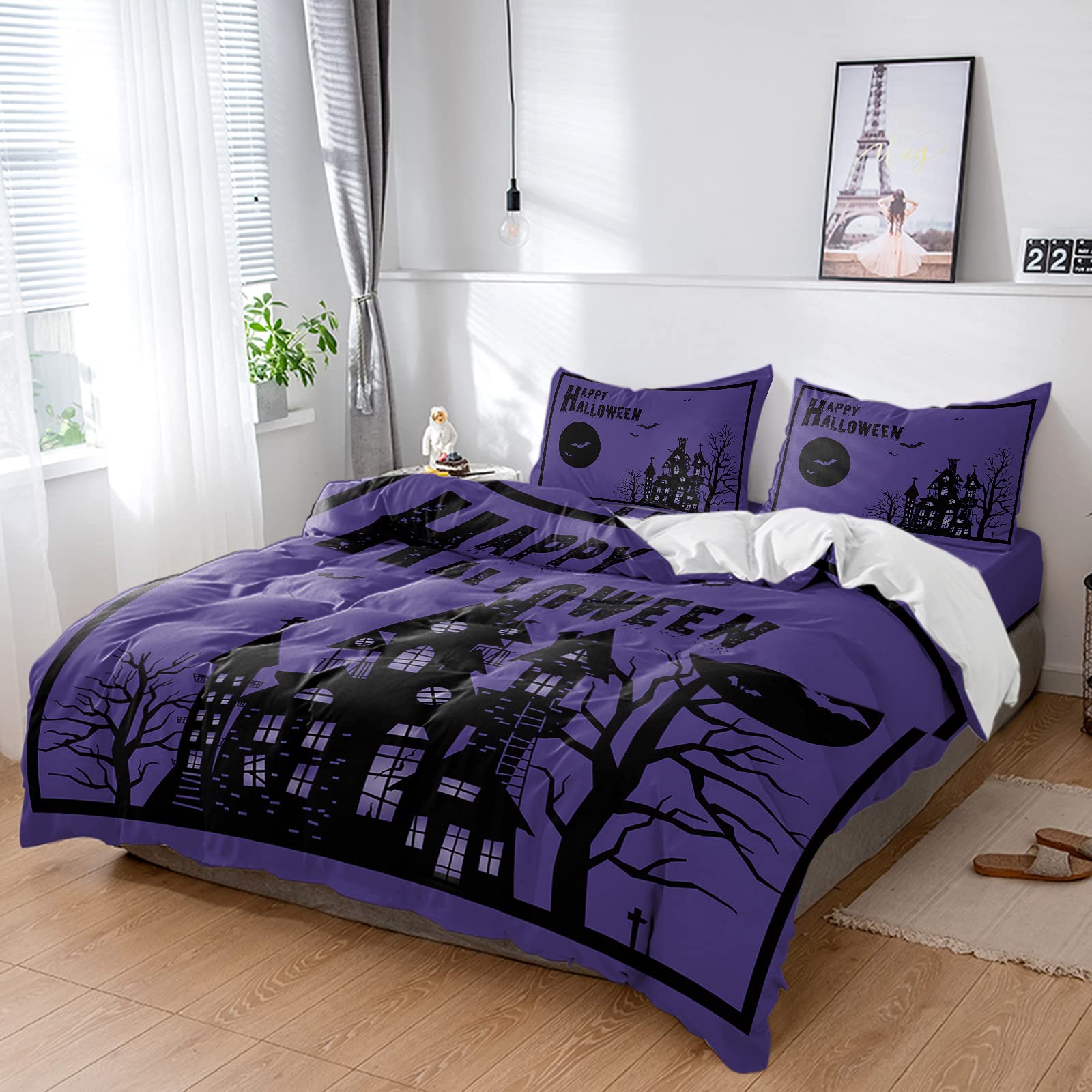 **LOVE HOME DAY 4-Piece California King Duvet Cover Set - Luxury Soft Halloween Bedding, Spooky Mansion Quilt Cover with Pillowcases (Black Tree & Purple Moon) - Perfect for Halloween Decor & Cozy Bedroom Makeover**